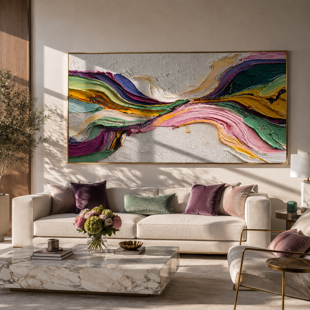 Currents Through Open Ground displayed above a living room sofa in a warm modern interior