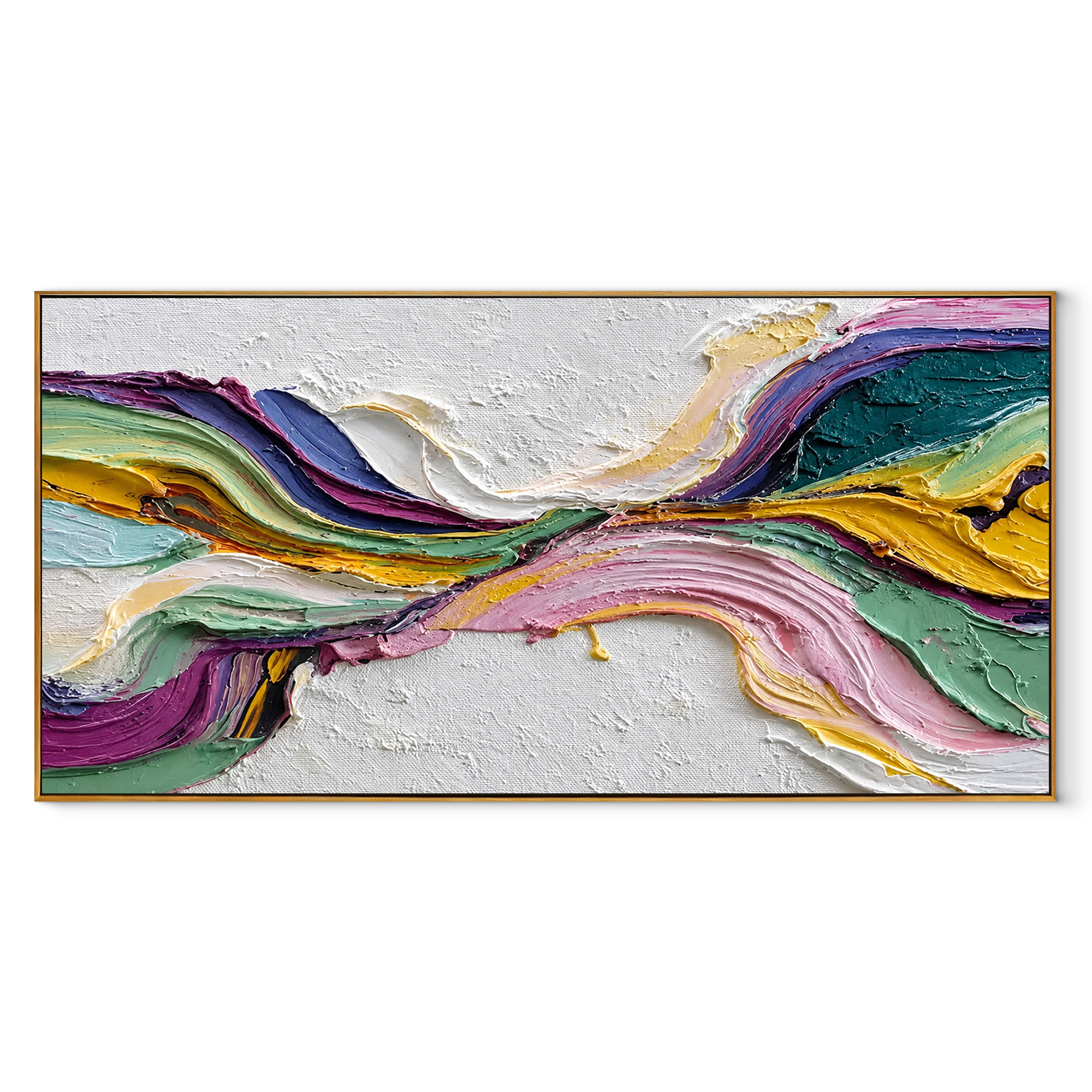 Currents Through Open Ground pink green panoramic textured abstract painting, horizontal canvas artwork