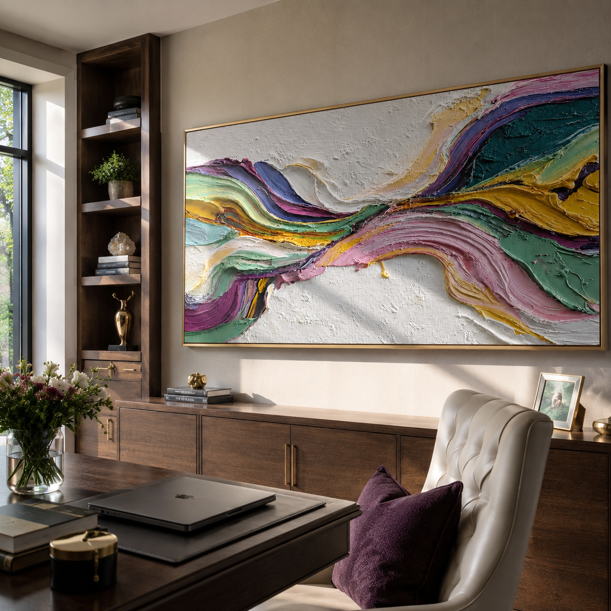 Currents Through Open Ground styled above a bed in a calm, layered bedroom interior