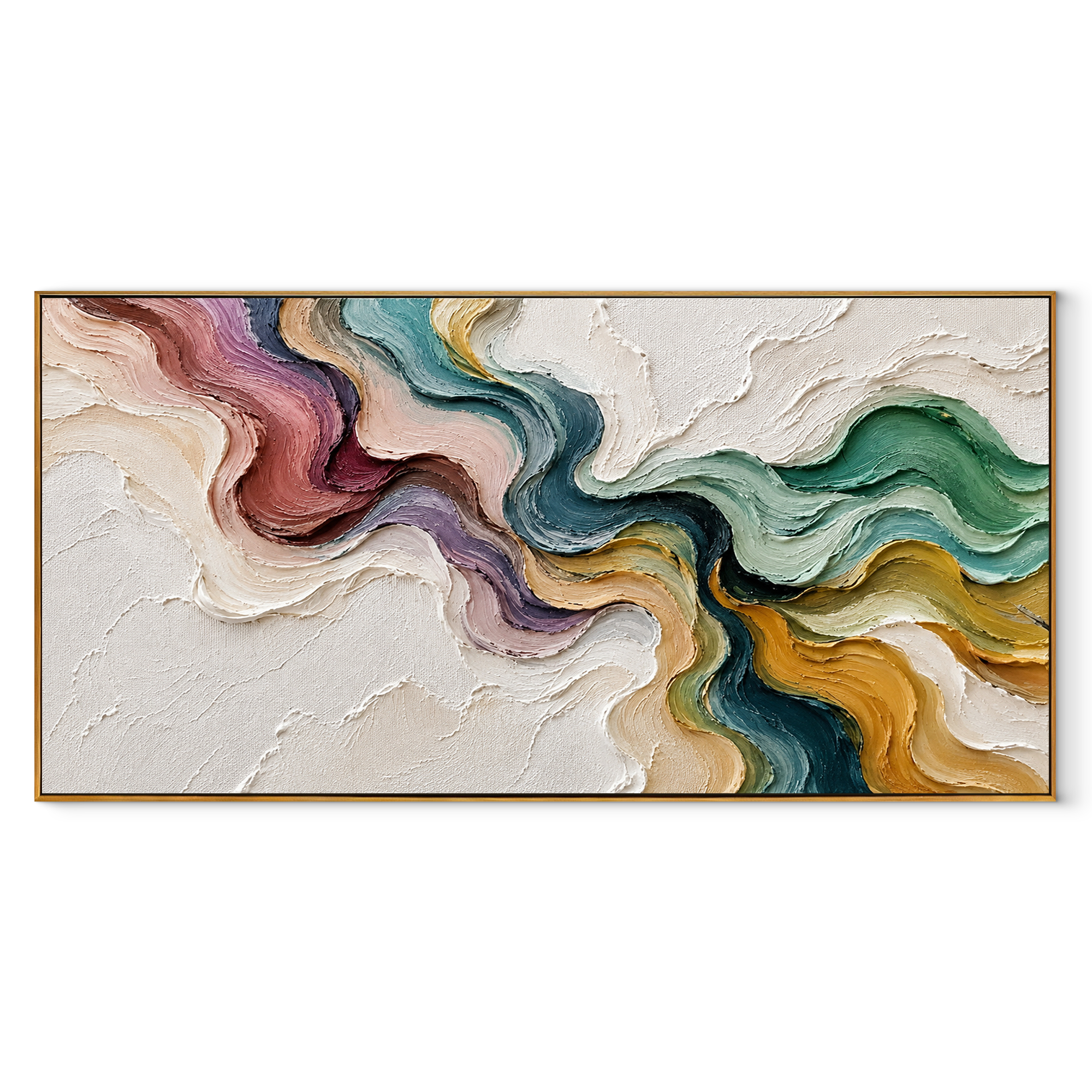 Confluence in Soft Color green pink flowing panoramic textured abstract painting, horizontal canvas artwork