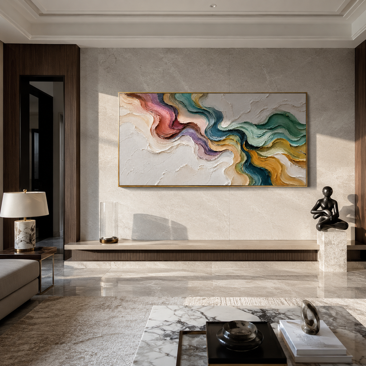 Confluence in Soft Color styled above a bed in a calm, layered bedroom interior