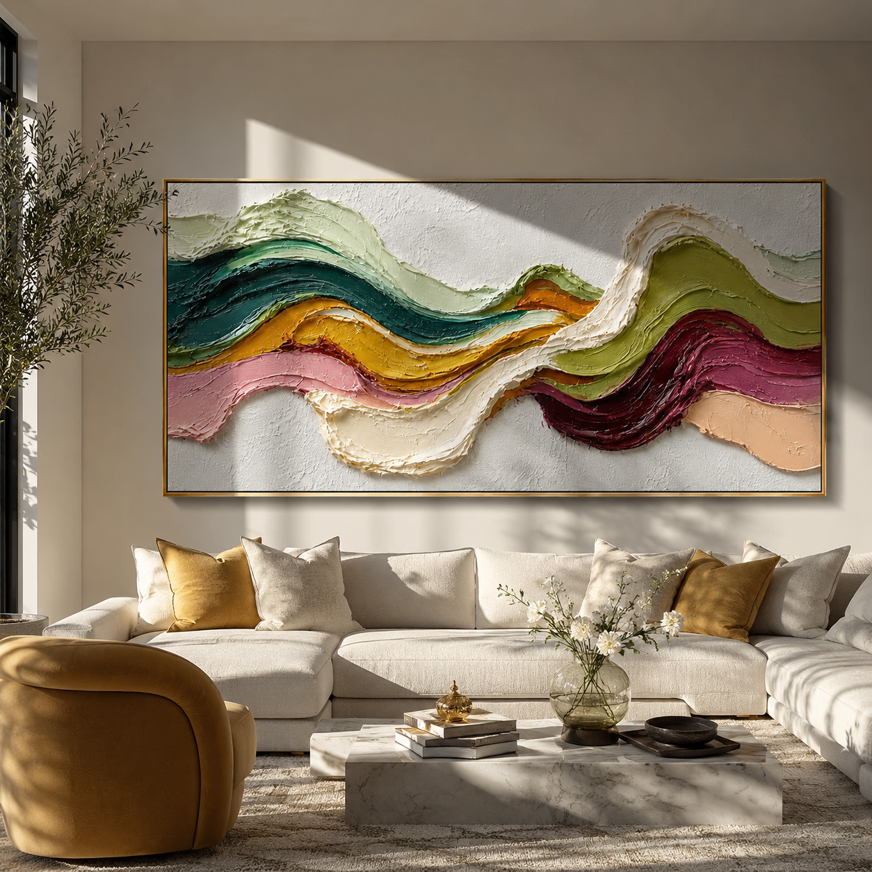 Ribbon Peaks in Motion displayed above a living room sofa in a warm modern interior