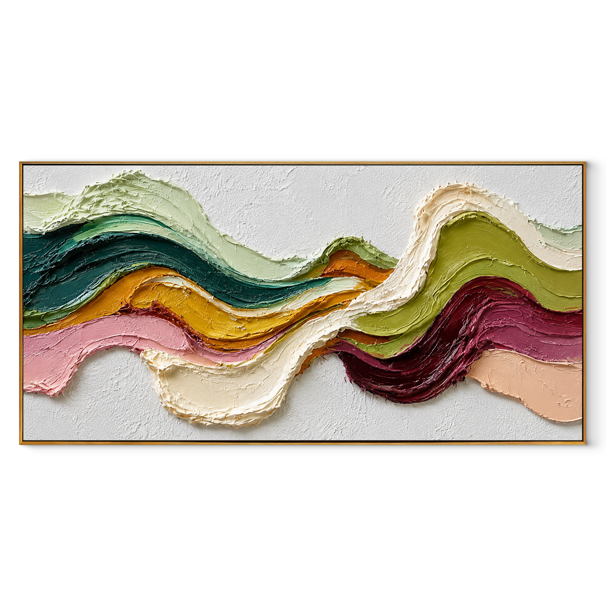 Ribbon Peaks in Motion green gold flowing panoramic textured abstract painting, horizontal canvas artwork