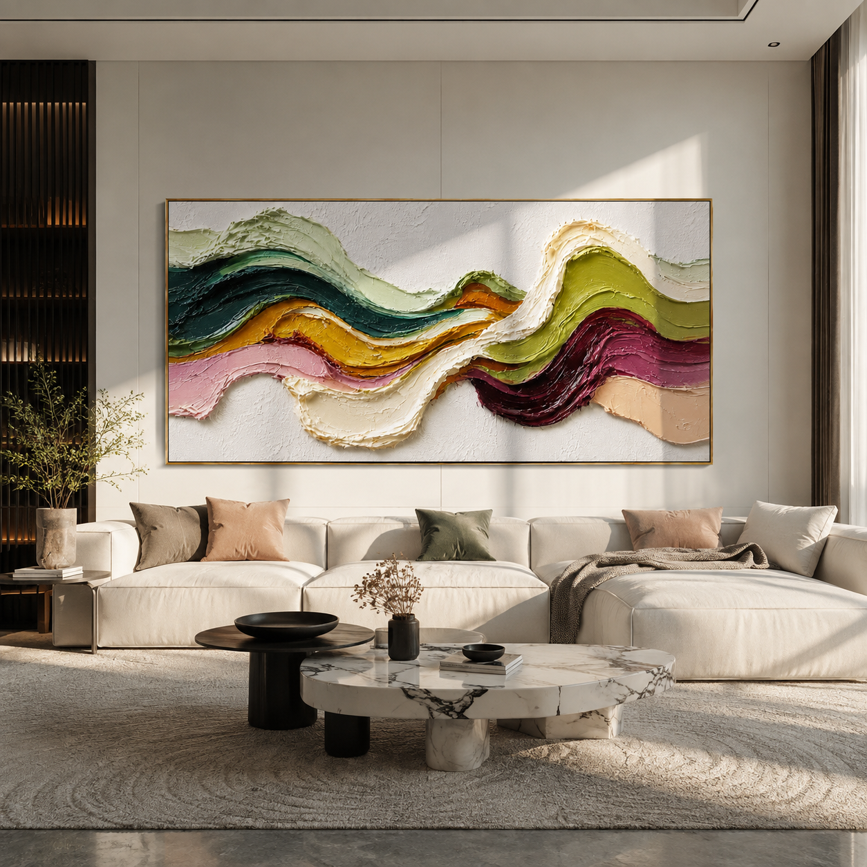 Ribbon Peaks in Motion styled above a bed in a calm, layered bedroom interior