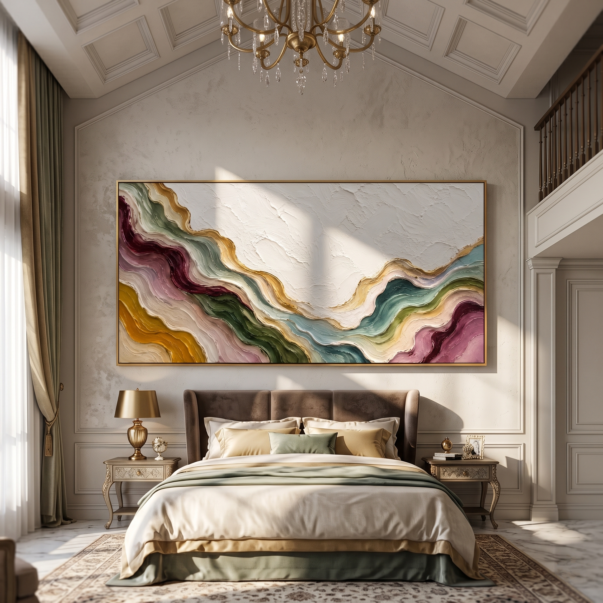 Valleys Around Stillness displayed above a living room sofa in a warm modern interior