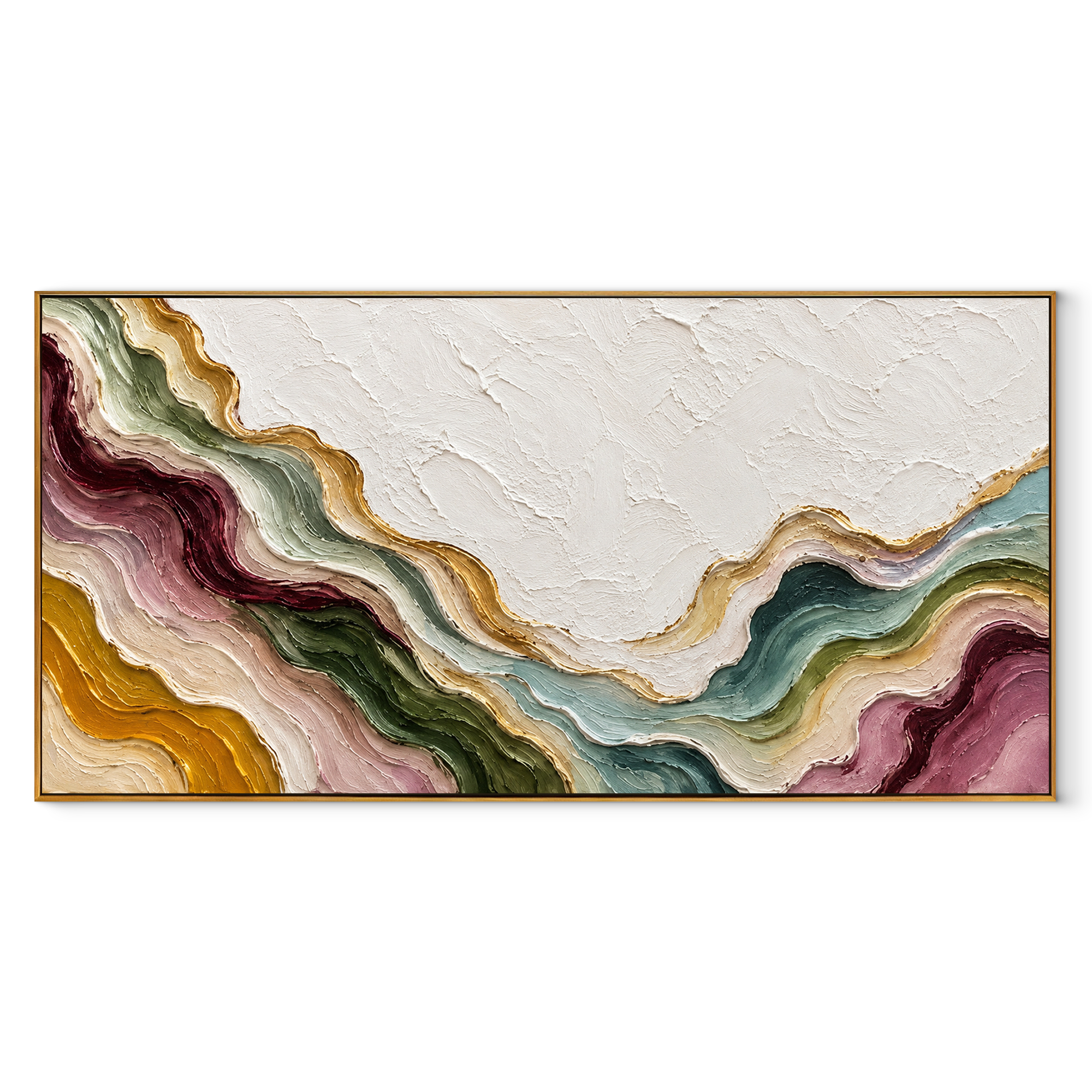 Valleys Around Stillness green burgundy panoramic textured abstract painting, horizontal canvas artwork