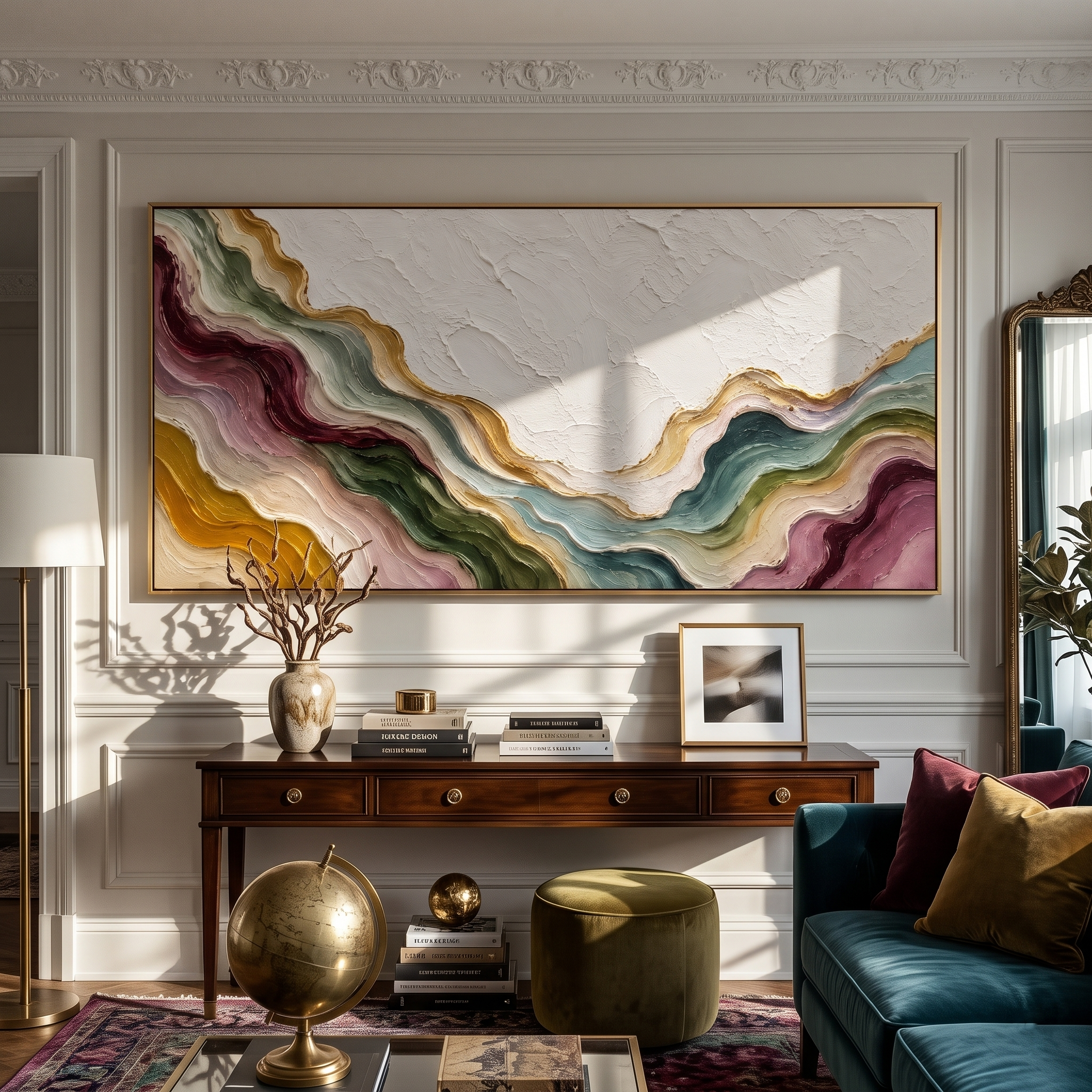 Valleys Around Stillness presented over an entryway console in a contemporary home