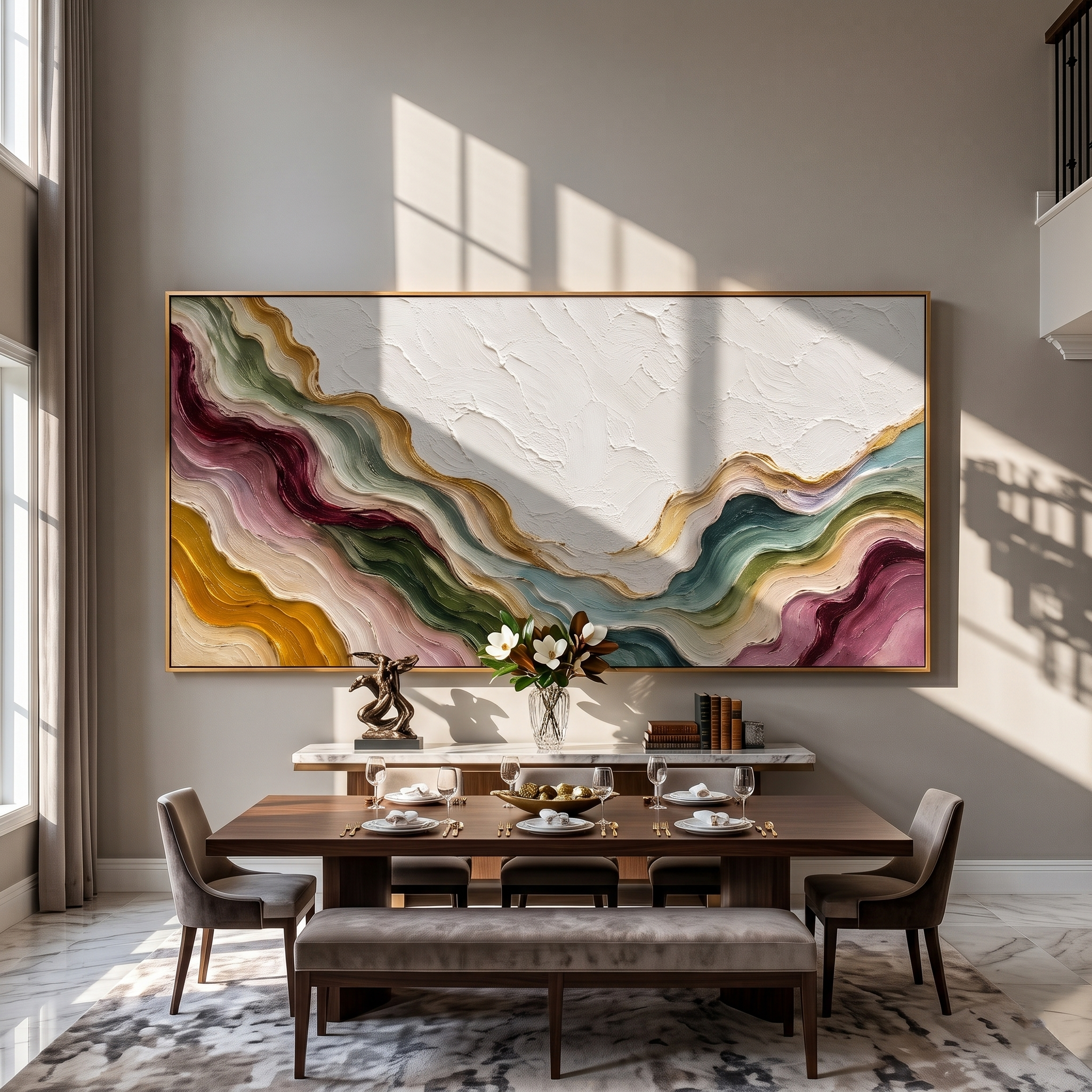 Valleys Around Stillness styled above a bed in a calm, layered bedroom interior