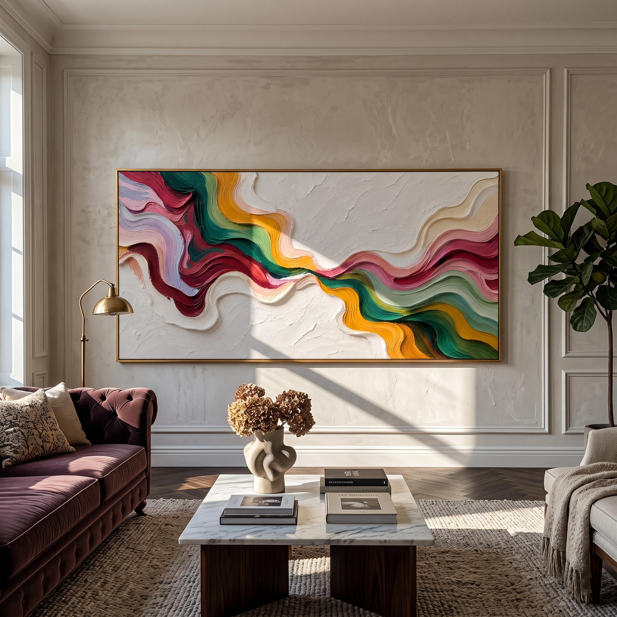 Chromatic River Crossing displayed above a living room sofa in a warm modern interior