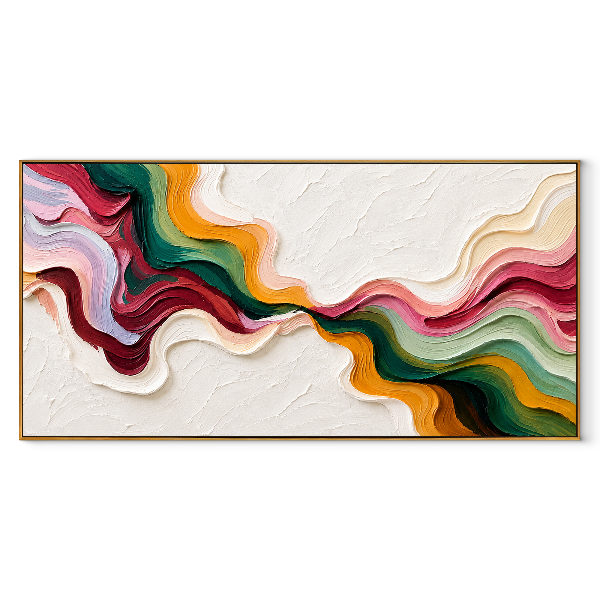 Chromatic River Crossing colorful flowing panoramic textured abstract painting, horizontal canvas artwork