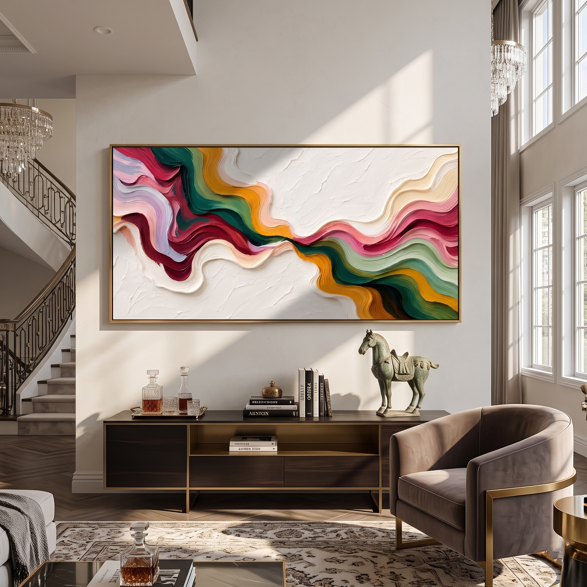 Chromatic River Crossing presented over an entryway console in a contemporary home