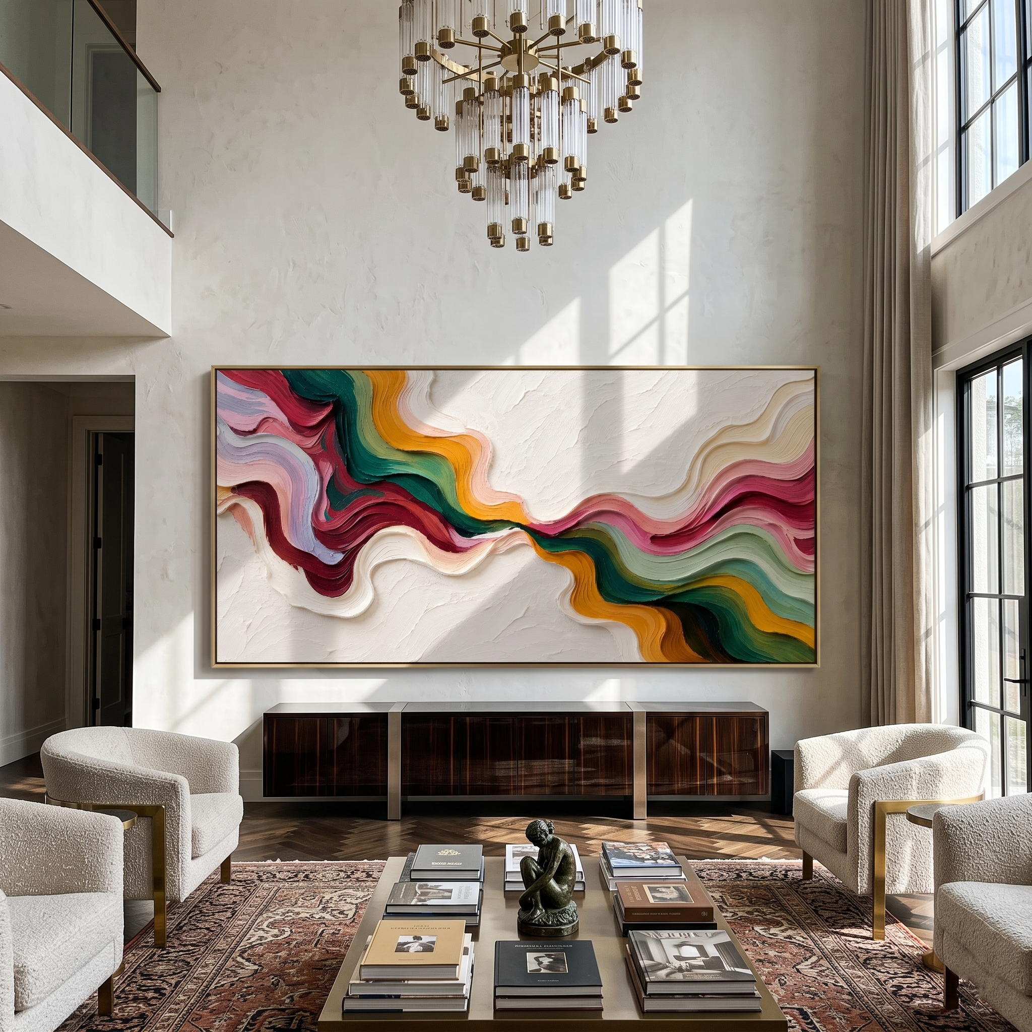 Chromatic River Crossing styled above a bed in a calm, layered bedroom interior