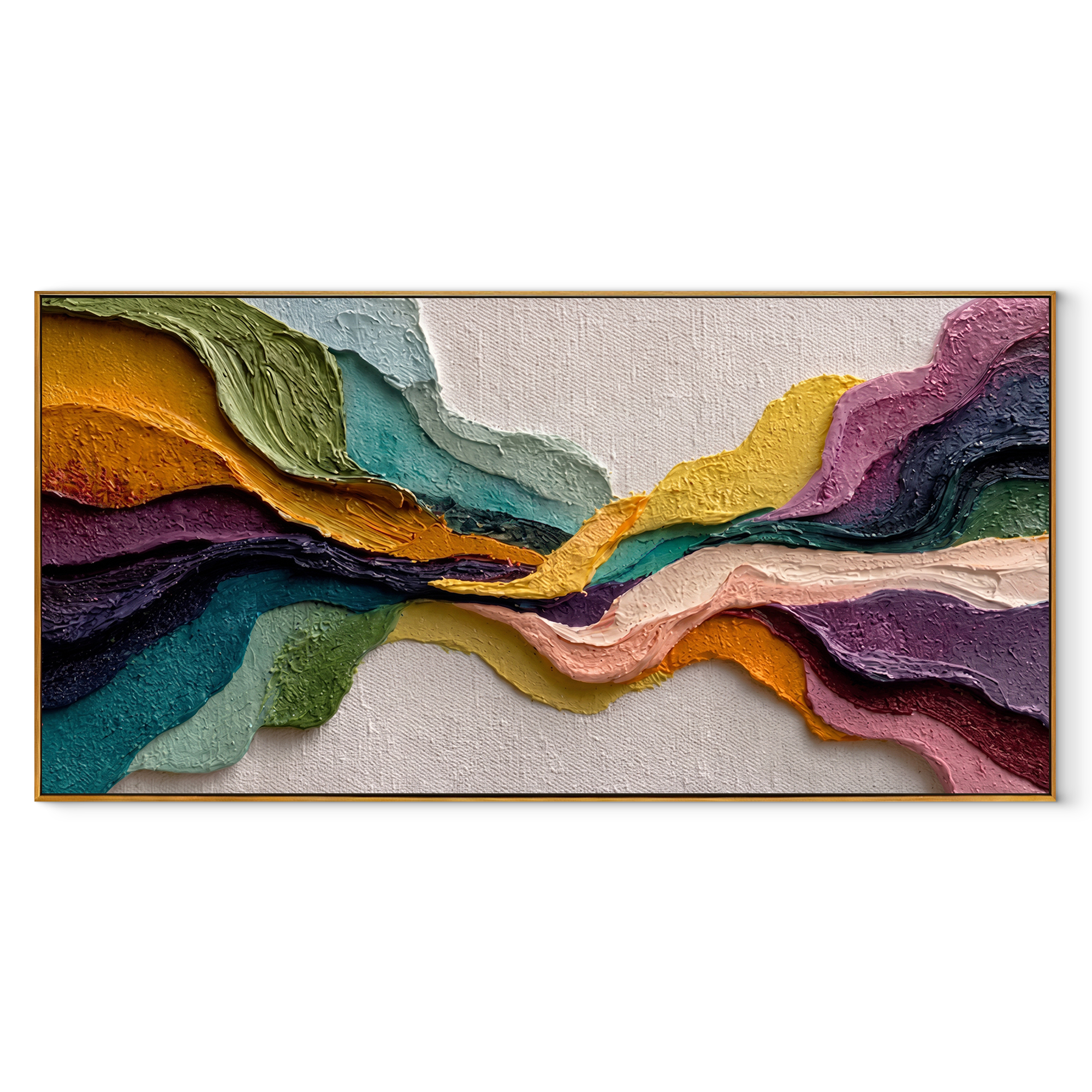 Tectonic Color Passage teal gold layered panoramic textured abstract painting, horizontal canvas artwork