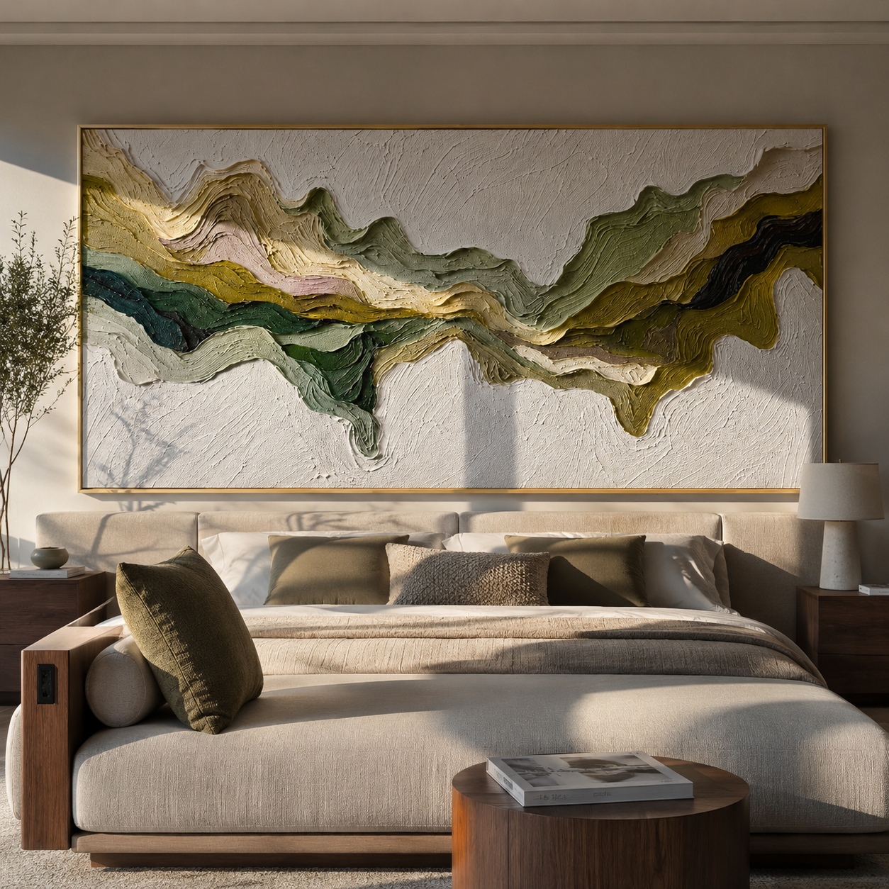 Verdant Ridges Converging displayed above a living room sofa in a warm modern interior