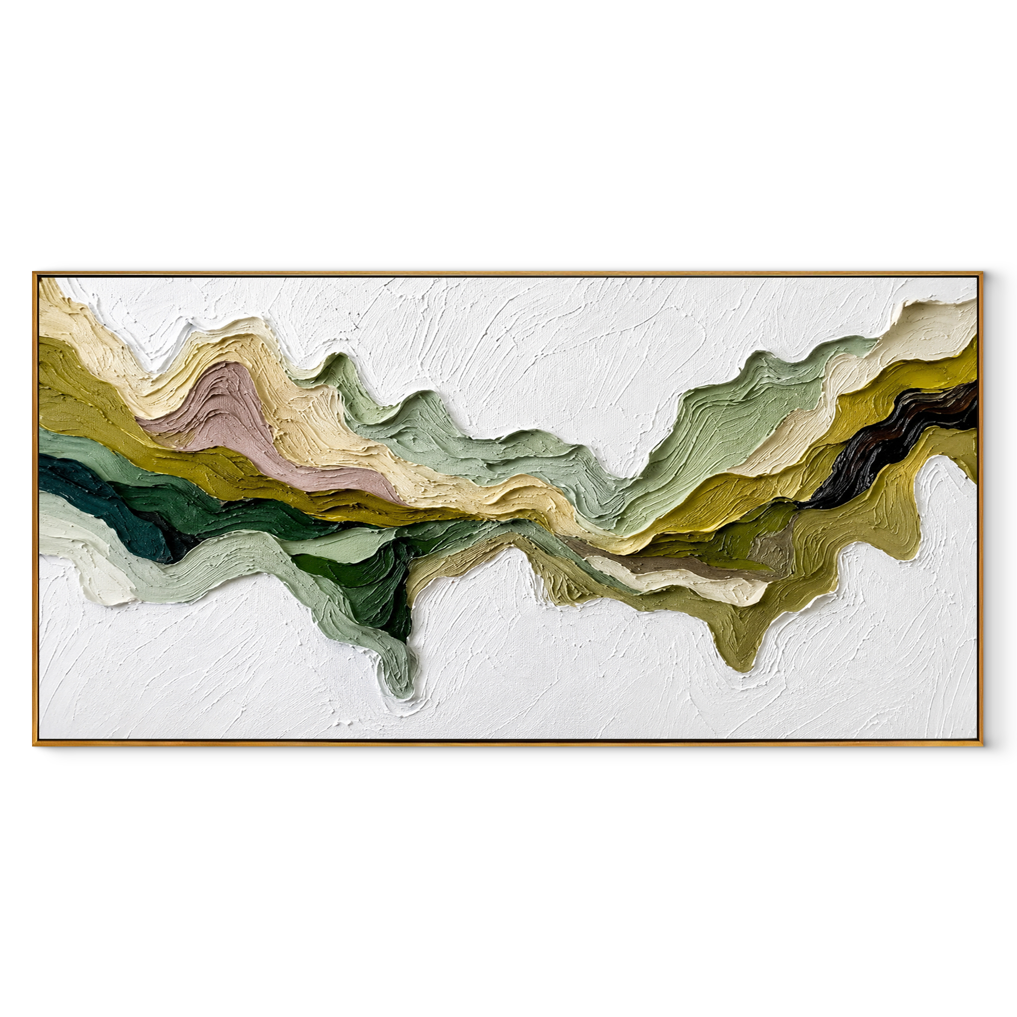 Verdant Ridges Converging green gold panoramic textured abstract painting, horizontal canvas artwork