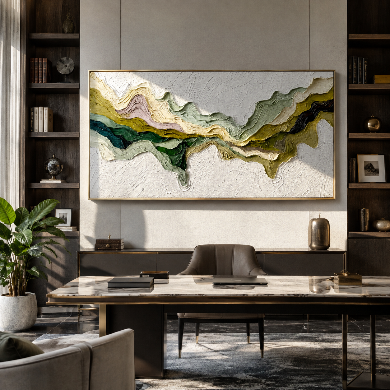 Verdant Ridges Converging styled in a quiet reading nook with neutral furnishings