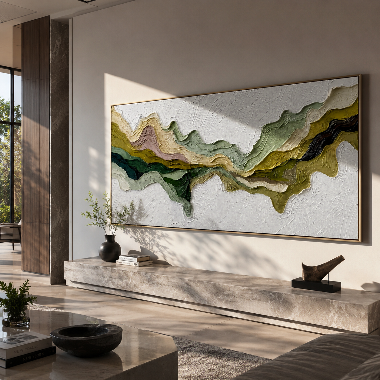 Verdant Ridges Converging presented over an entryway console in a contemporary home