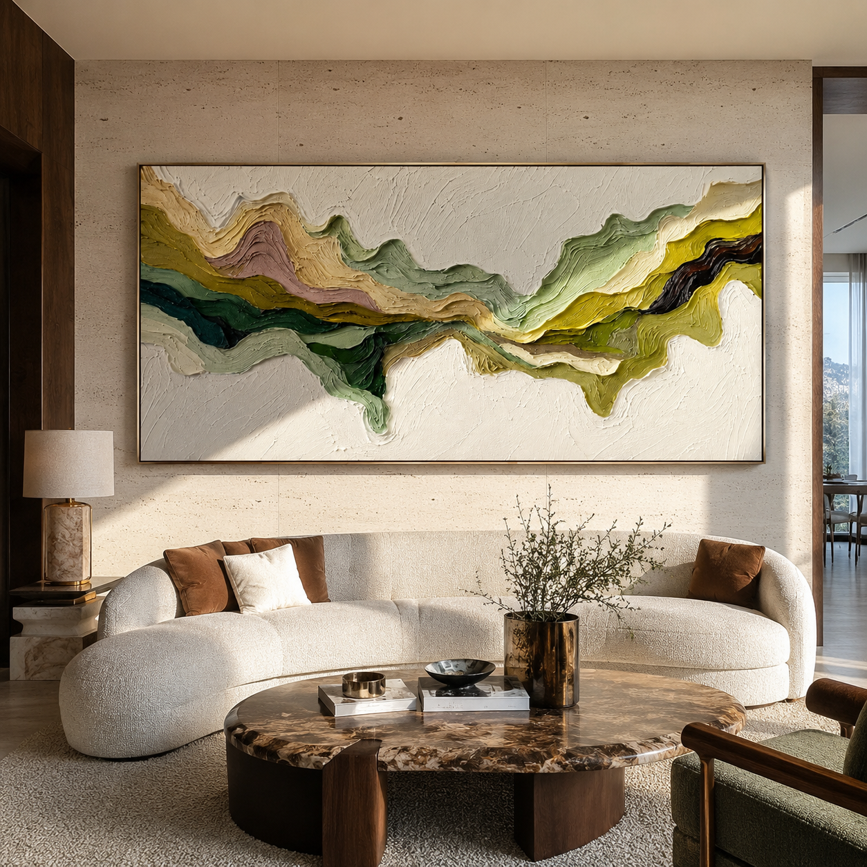 Verdant Ridges Converging displayed in a dining room with coordinated modern decor