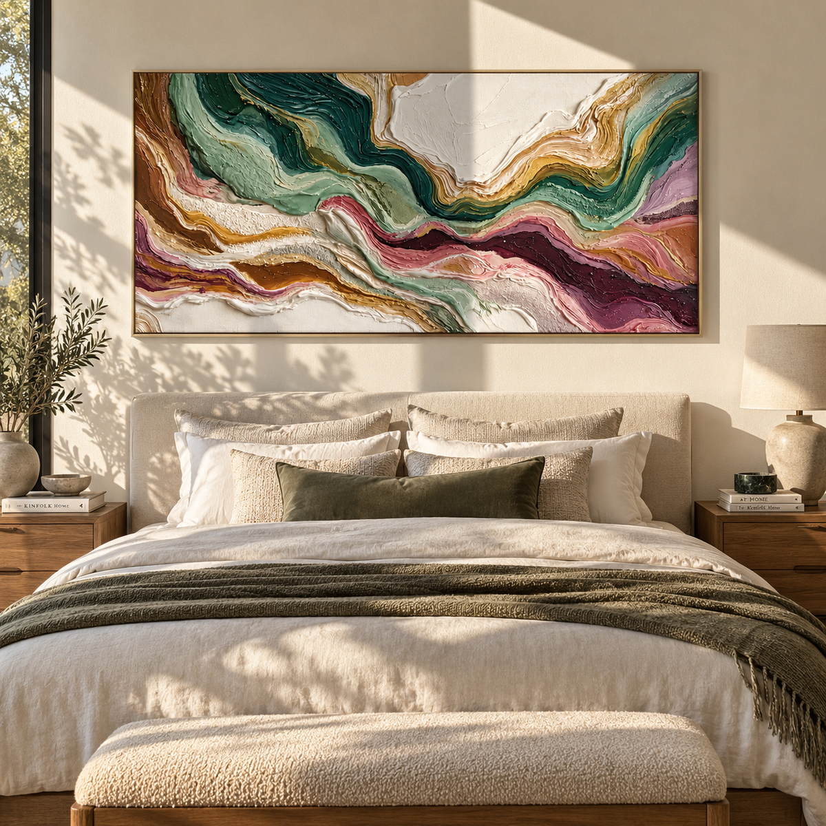 Mineral Tides Crossing Ivory displayed above a living room sofa in a warm modern interior