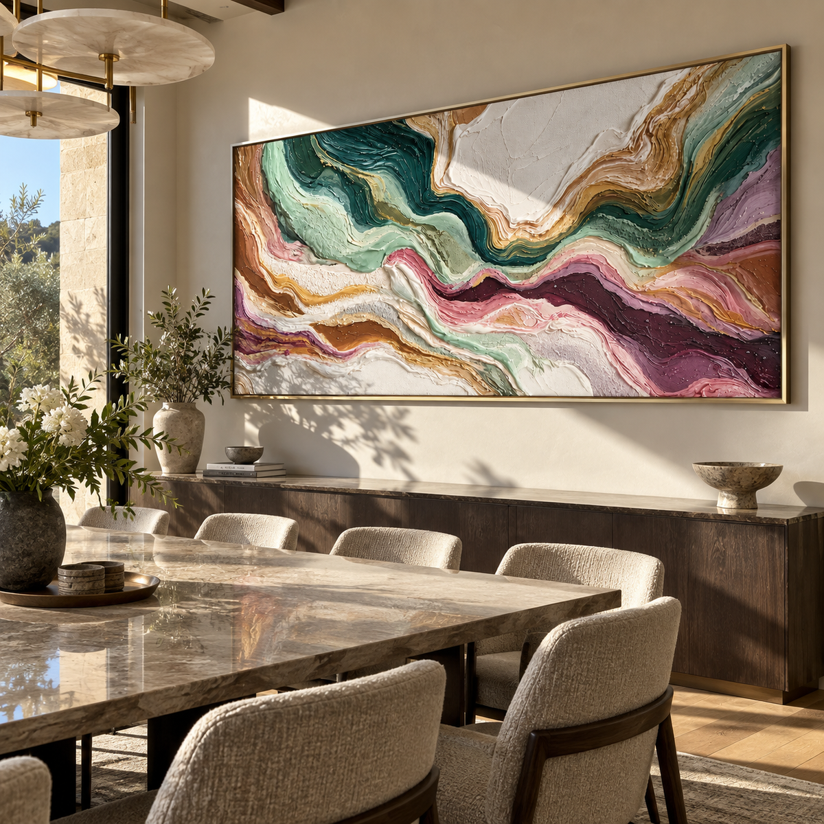 Mineral Tides Crossing Ivory presented over an entryway console in a contemporary home