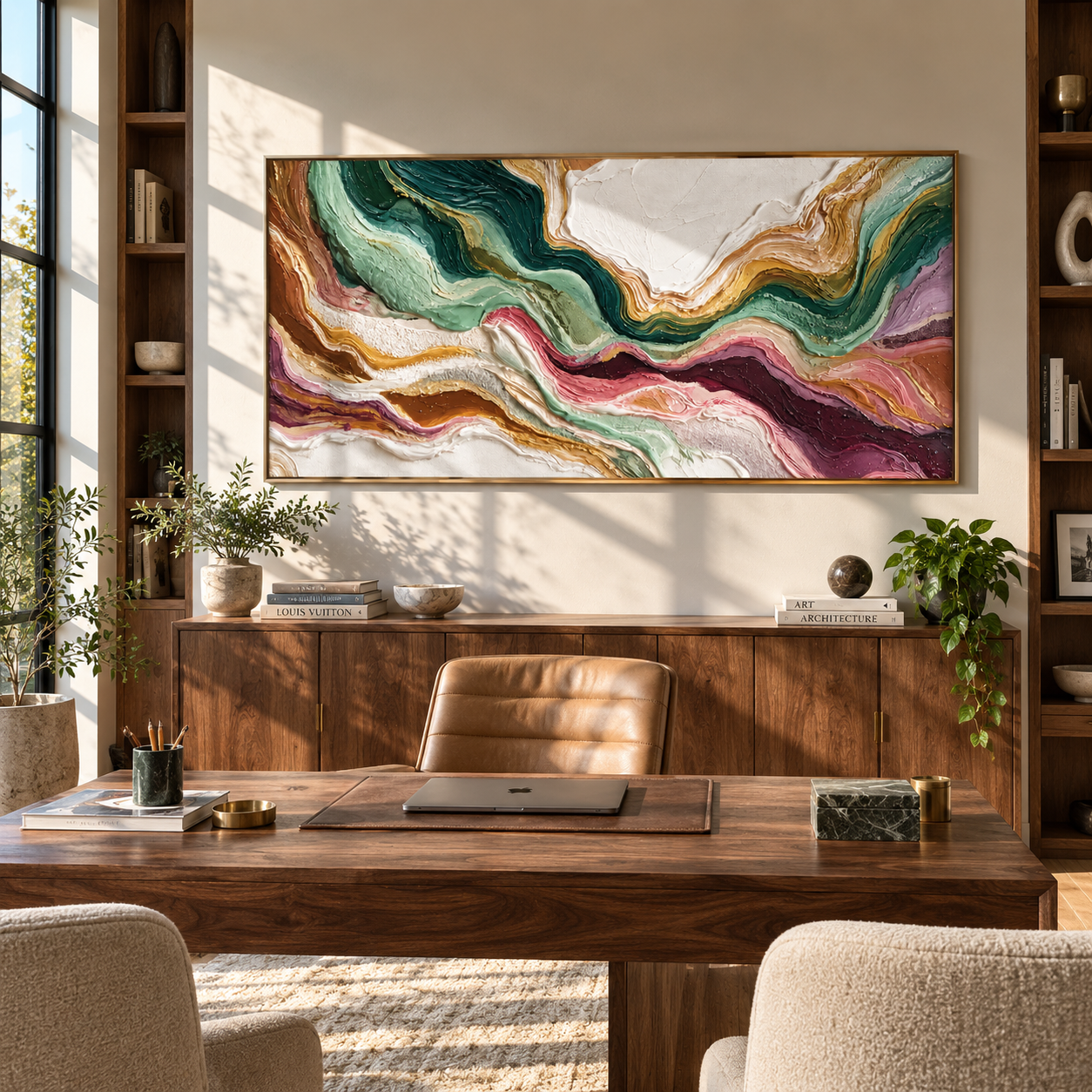 Mineral Tides Crossing Ivory styled above a bed in a calm, layered bedroom interior