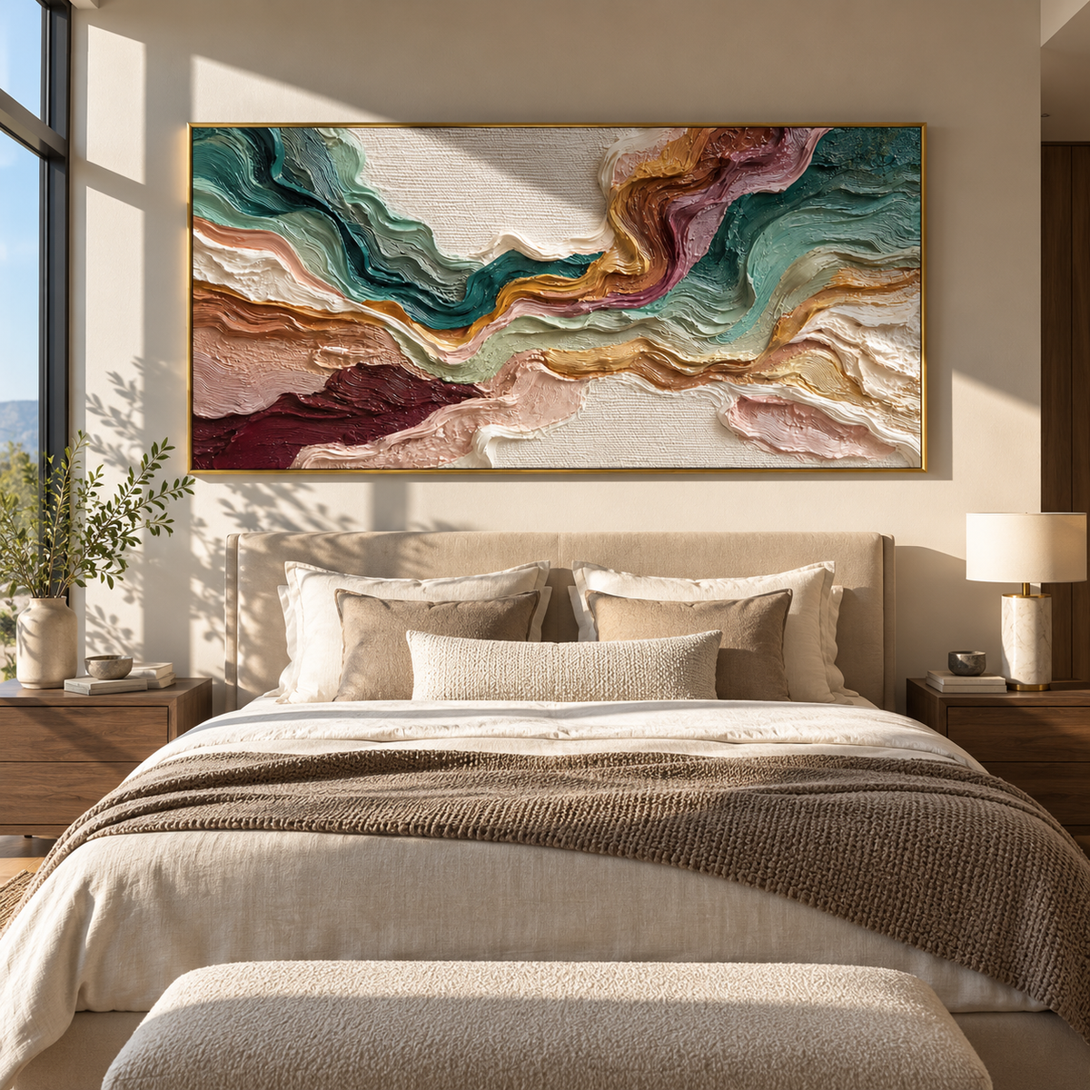 Opposing Currents Meet Light displayed above a living room sofa in a warm modern interior