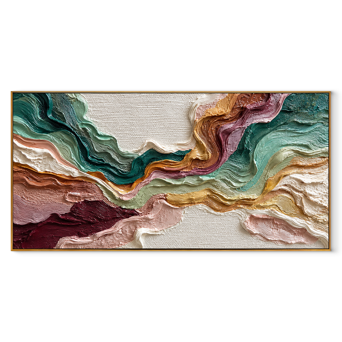 Opposing Currents Meet Light green pink panoramic textured abstract painting, horizontal canvas artwork