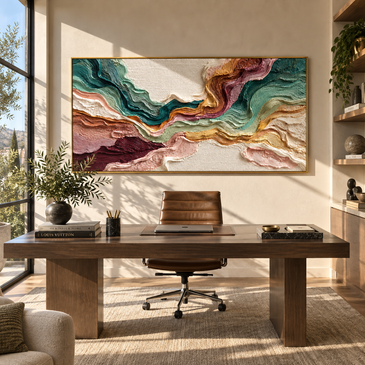 Opposing Currents Meet Light styled above a bed in a calm, layered bedroom interior