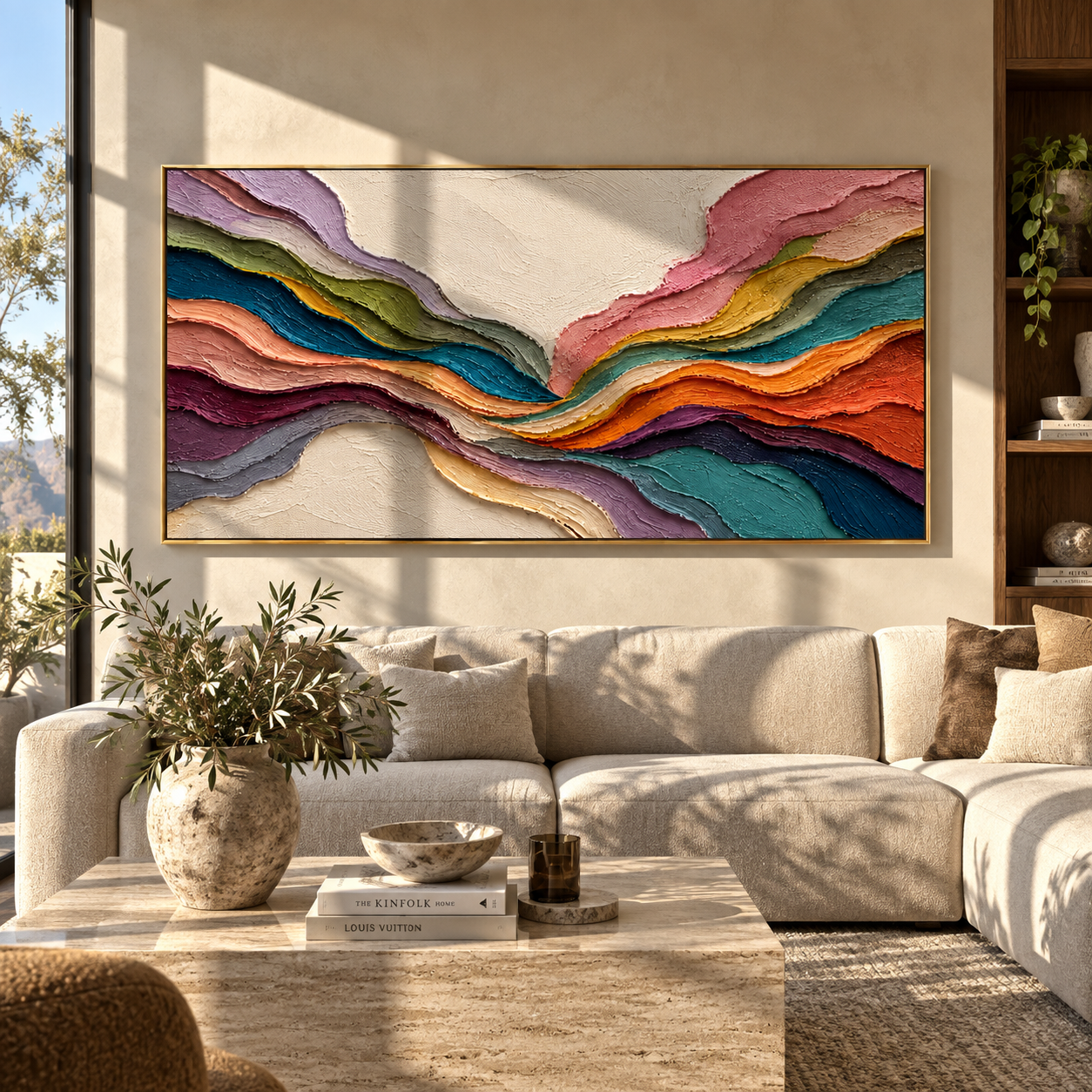 Color Strata Hold Horizon displayed above a living room sofa in a warm modern interior