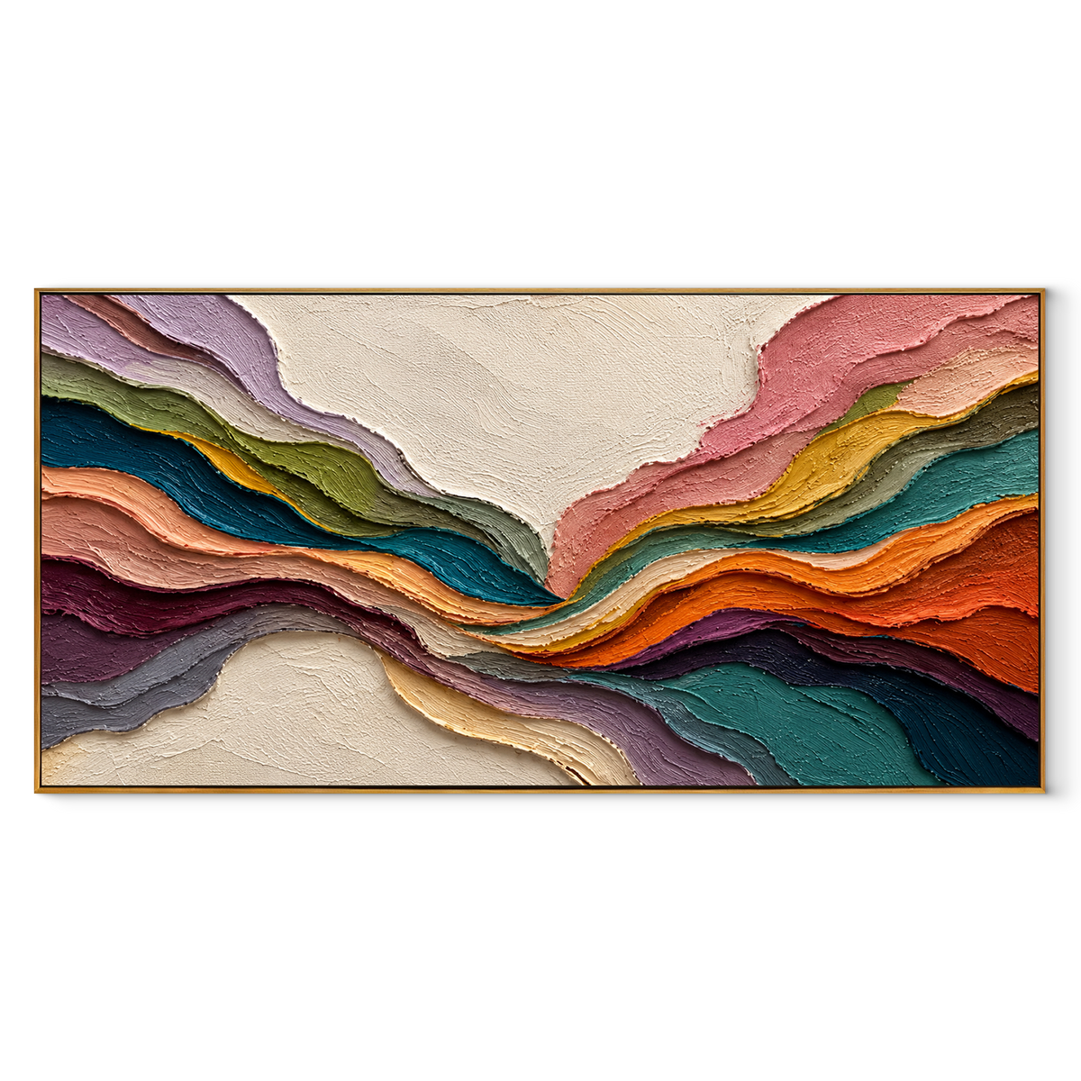 Color Strata Hold Horizon teal pink panoramic flowing textured abstract painting, horizontal canvas artwork