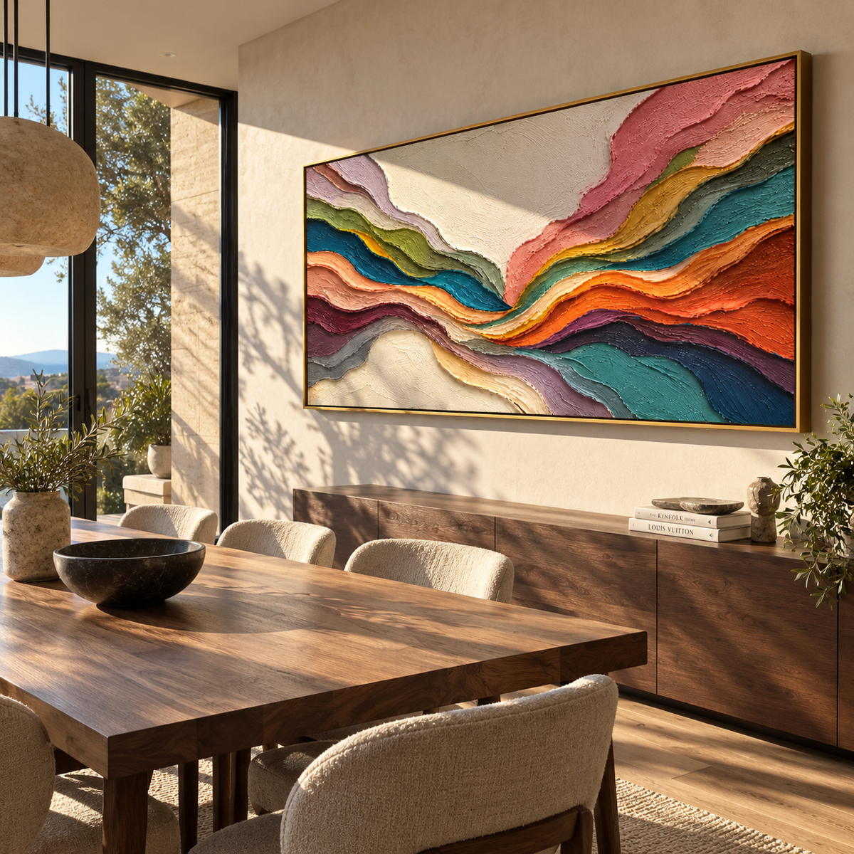 Color Strata Hold Horizon styled above a bed in a calm, layered bedroom interior