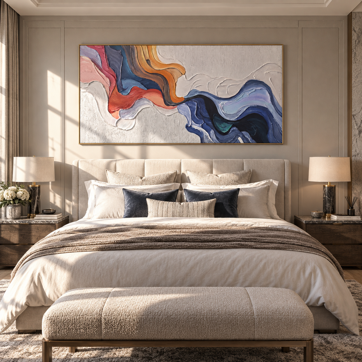 Coral Current Through Blue – blue orange flowing texture painting, displayed above a warm neutral bed