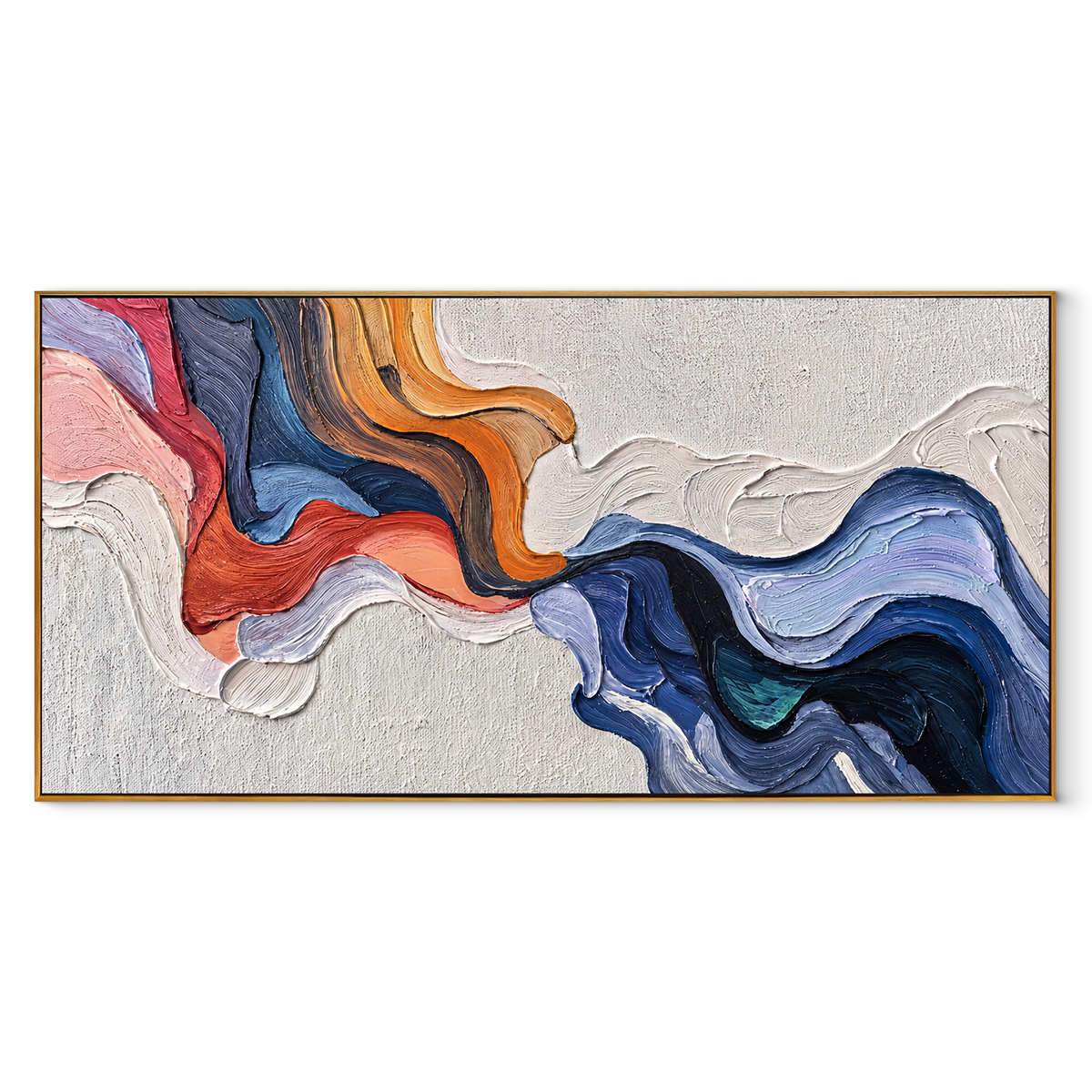 Coral Current Through Blue – blue orange flowing texture painting, wood frame on white background