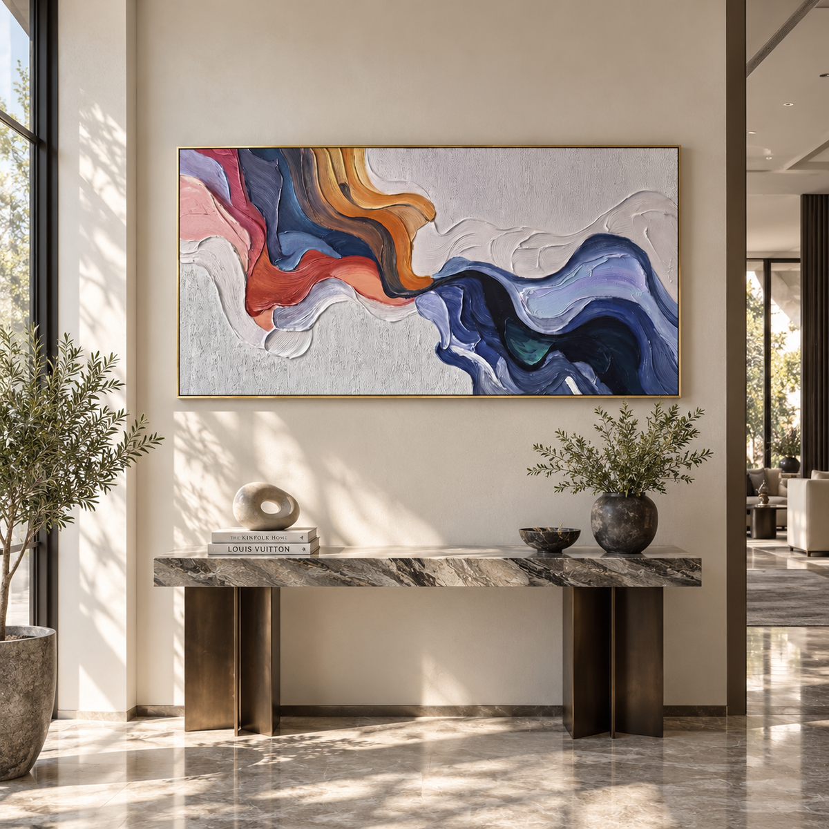 Coral Current Through Blue – blue orange flowing texture painting, displayed in a modern living room