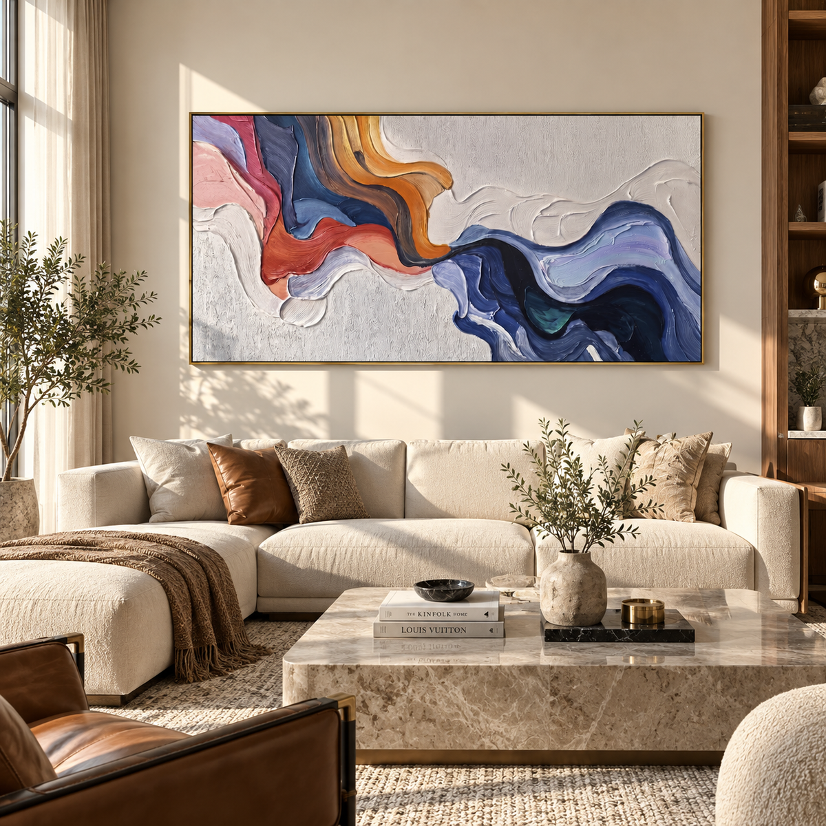 Coral Current Through Blue – blue orange flowing texture painting, displayed above a softly curved sofa