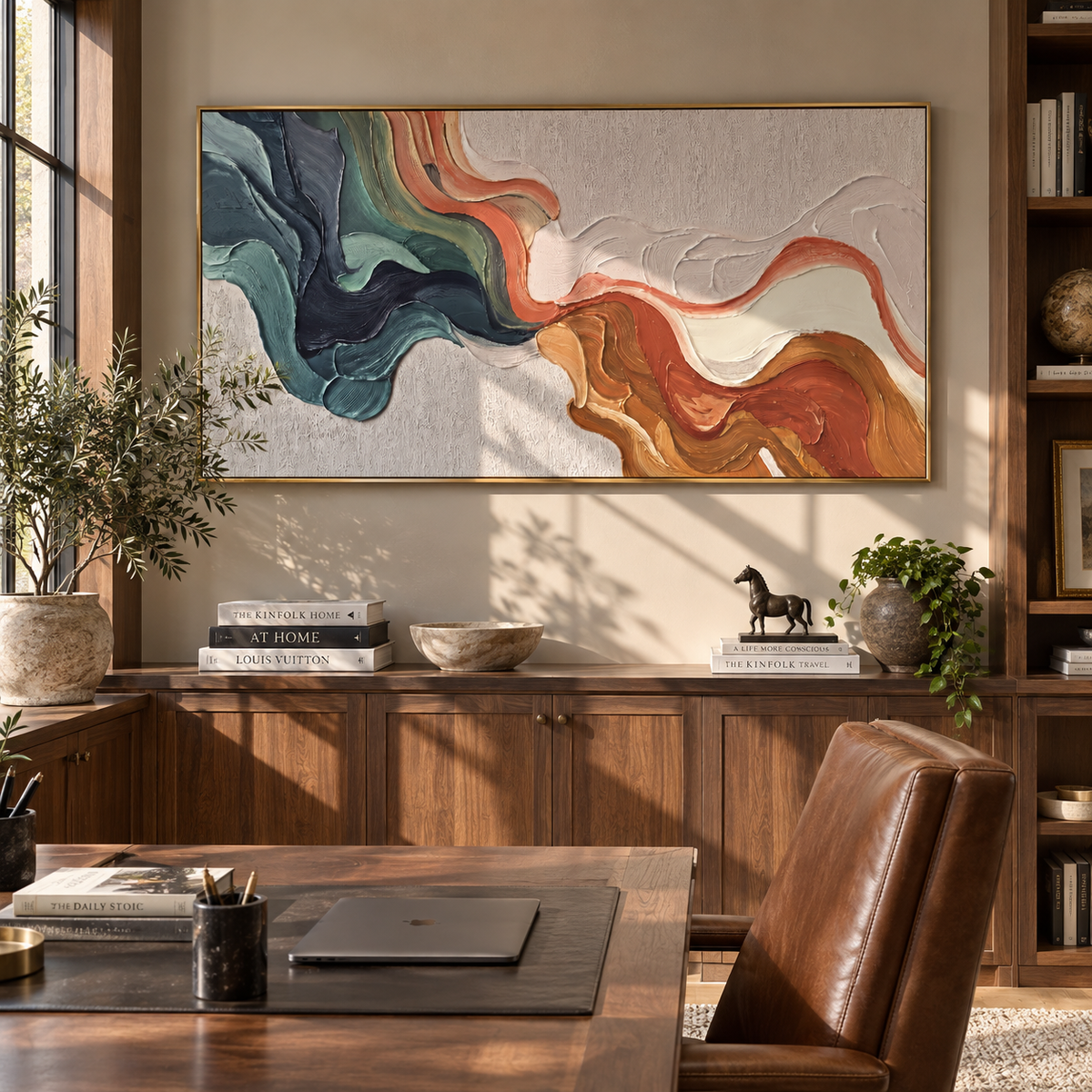Rust and Teal Confluence – orange green flowing texture painting, displayed above a living room credenza