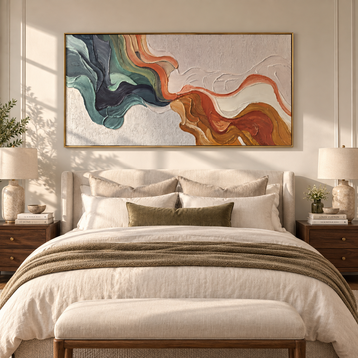 Rust and Teal Confluence – orange green flowing texture painting, displayed over a calm neutral bed