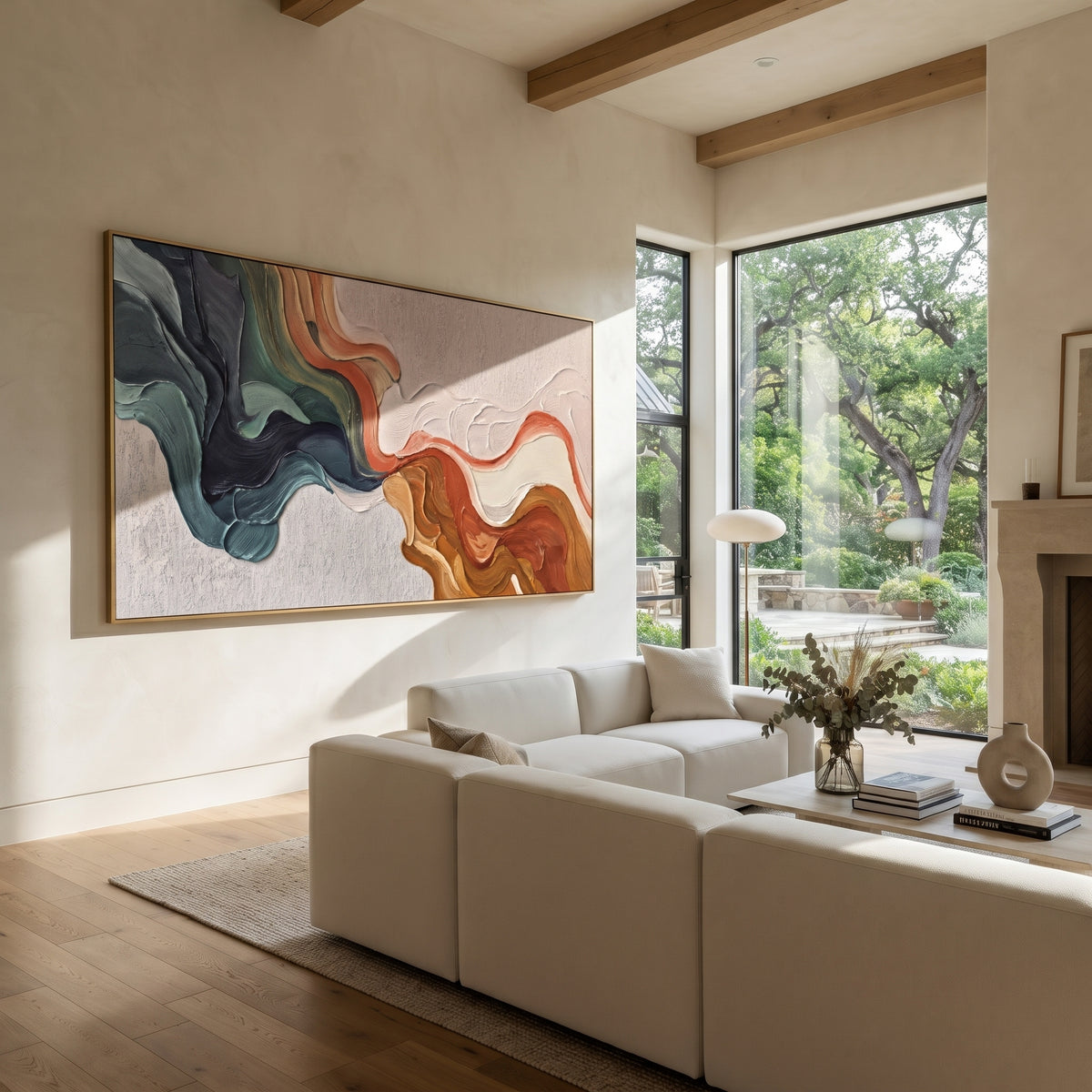 Rust and Teal Confluence – orange green flowing texture painting, displayed over a pale wood sideboard