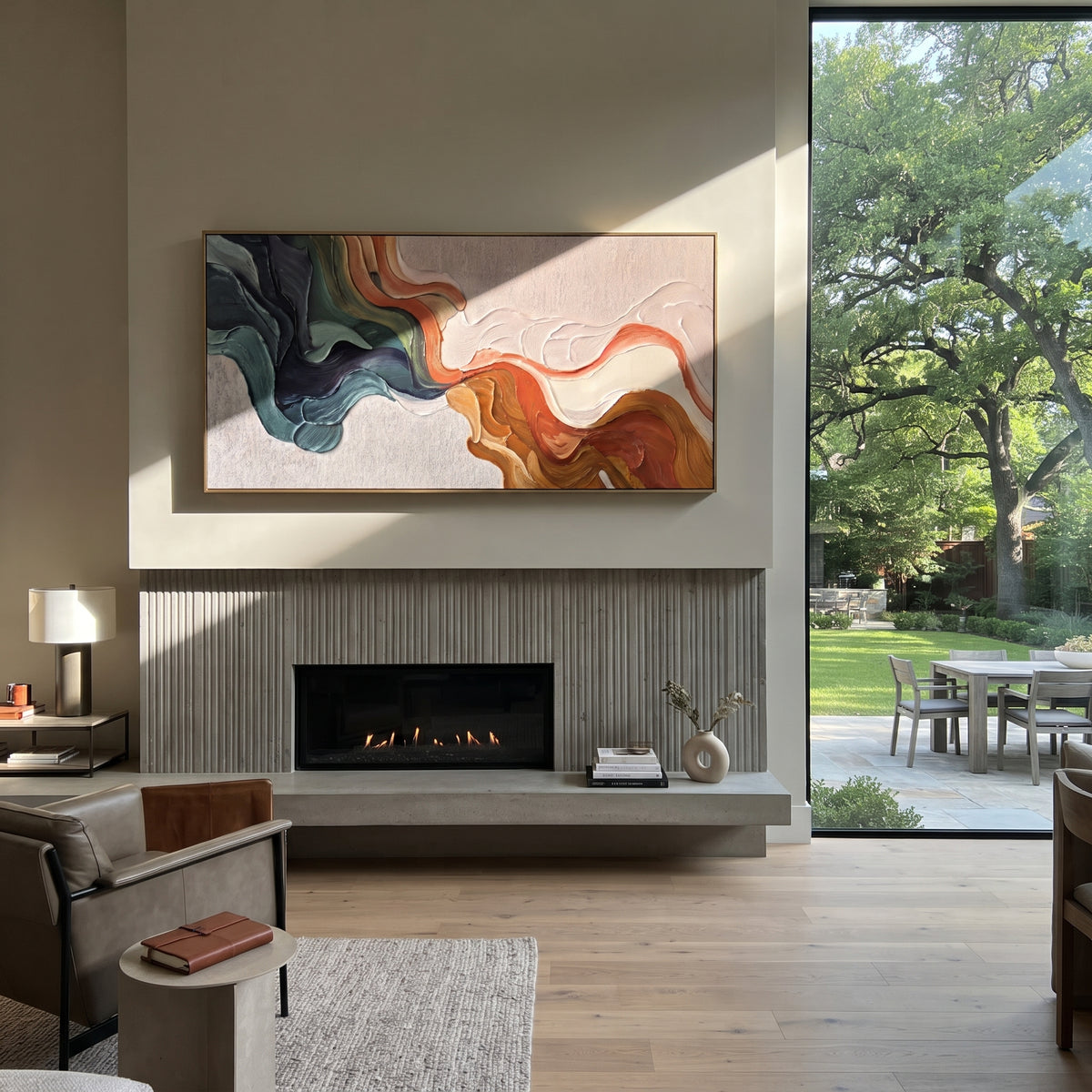 Rust and Teal Confluence – orange green flowing texture painting, displayed in a contemporary media room