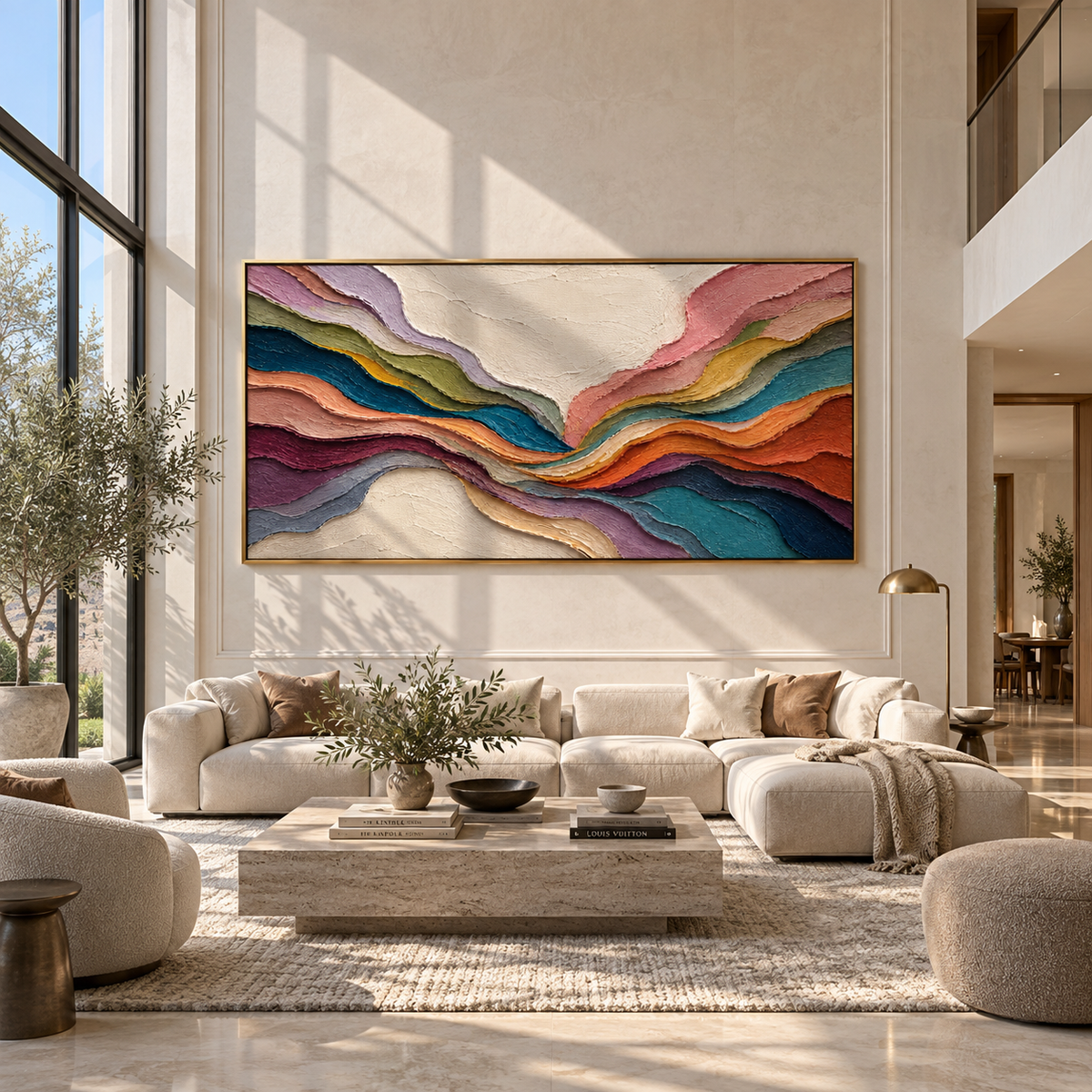 Chromatic Valleys Meet Center displayed above a living room sofa in a warm modern interior