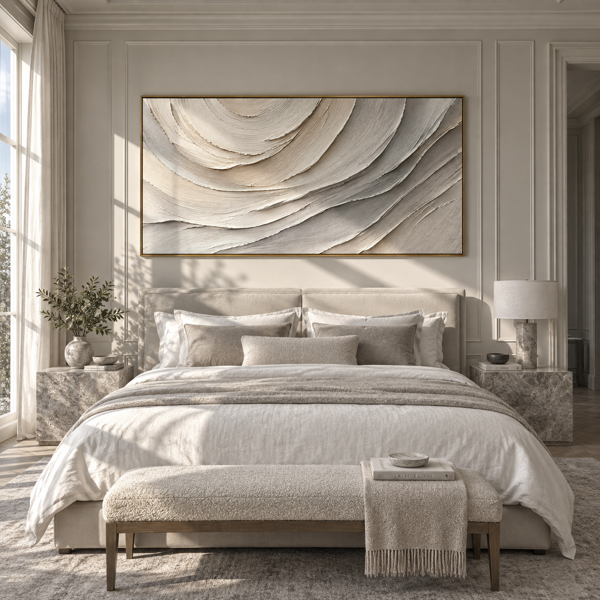 Ivory Currents Unfold ivory white relief abstract painting displayed in a modern interior