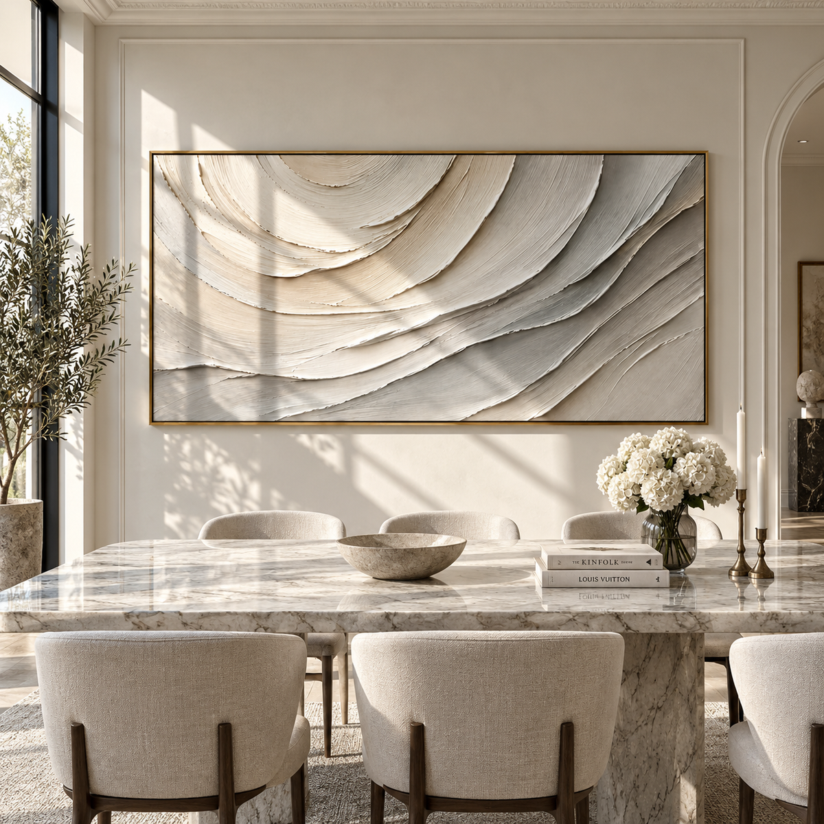 Ivory Currents Unfold textured wall art shown above contemporary furnishings