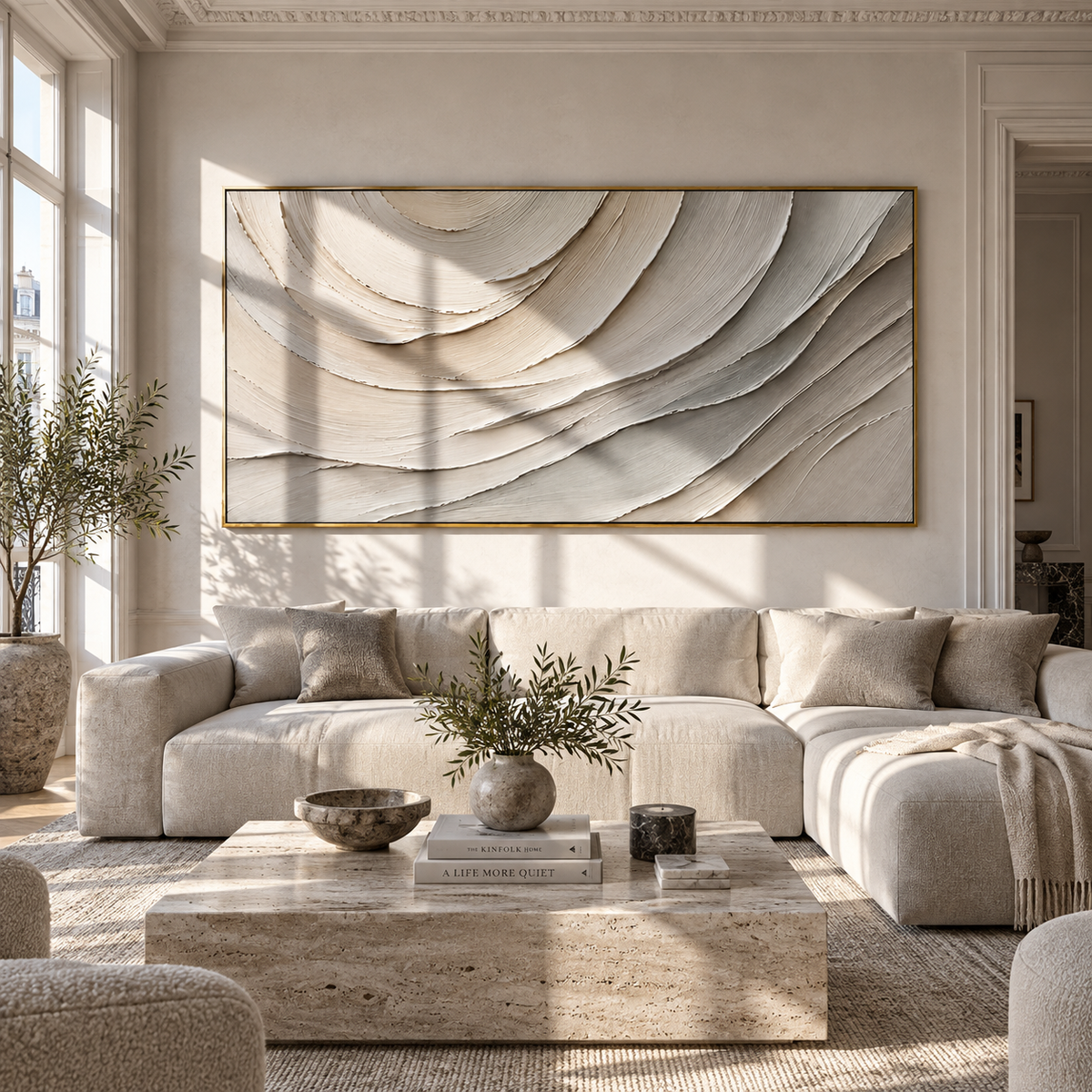 Ivory Currents Unfold wide painting styled as a refined focal point