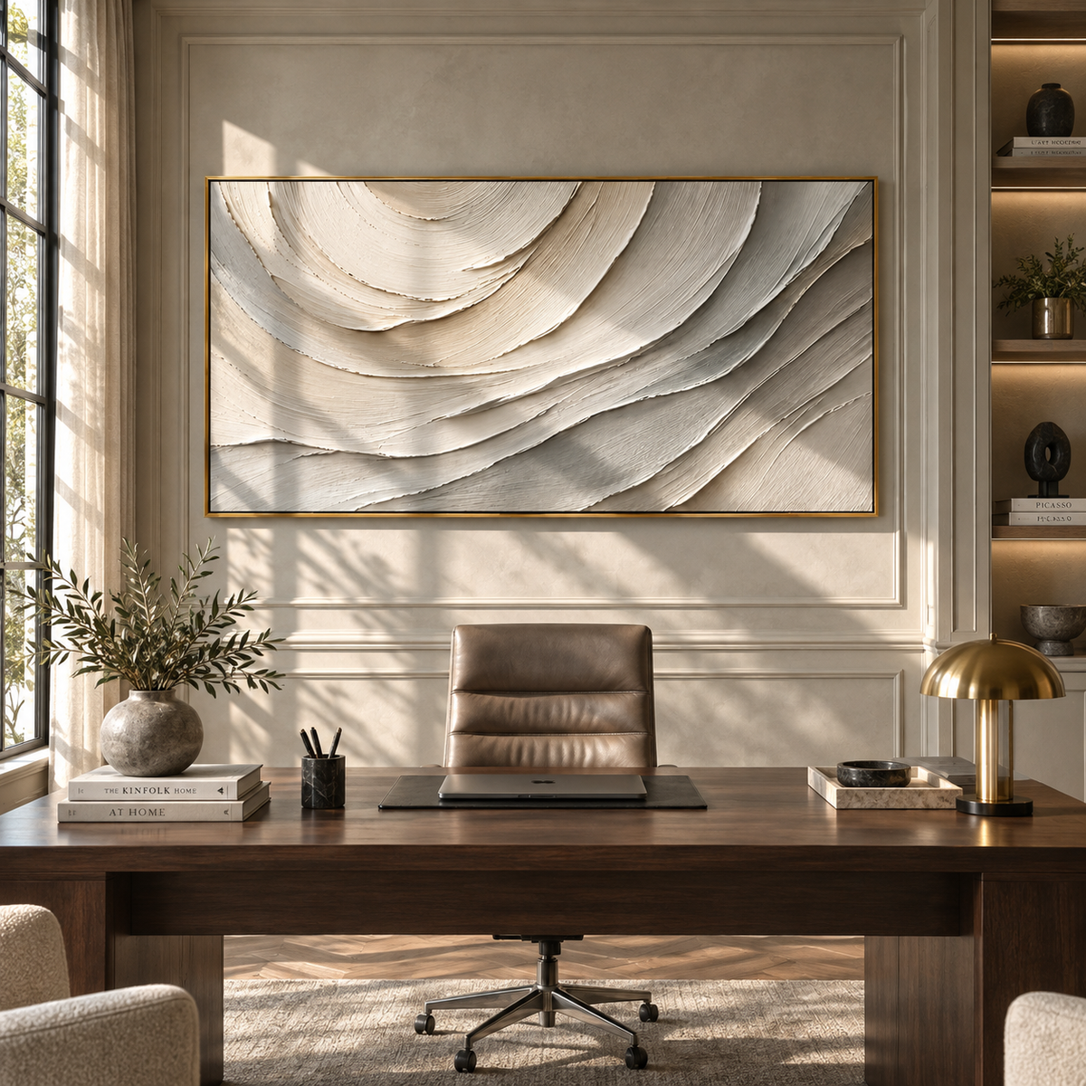 Ivory Currents Unfold displayed with natural materials and modern decor