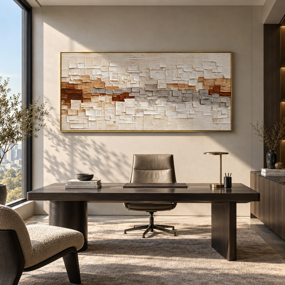 White Blocks Meet Earth wide painting styled as a refined focal point