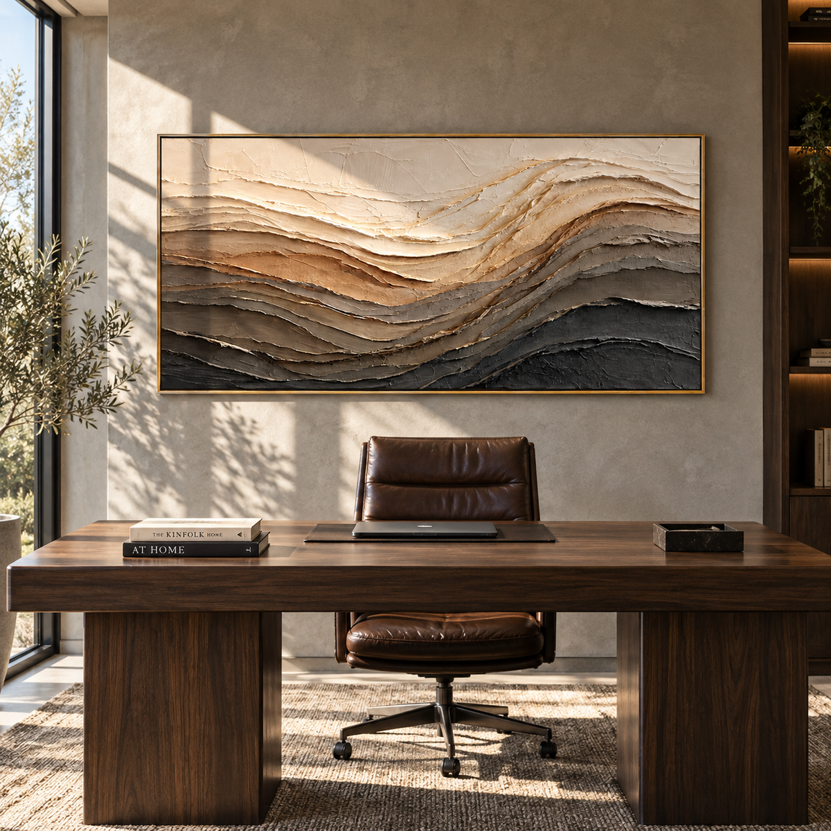 Earth Layers Rise displayed with natural materials and modern decor