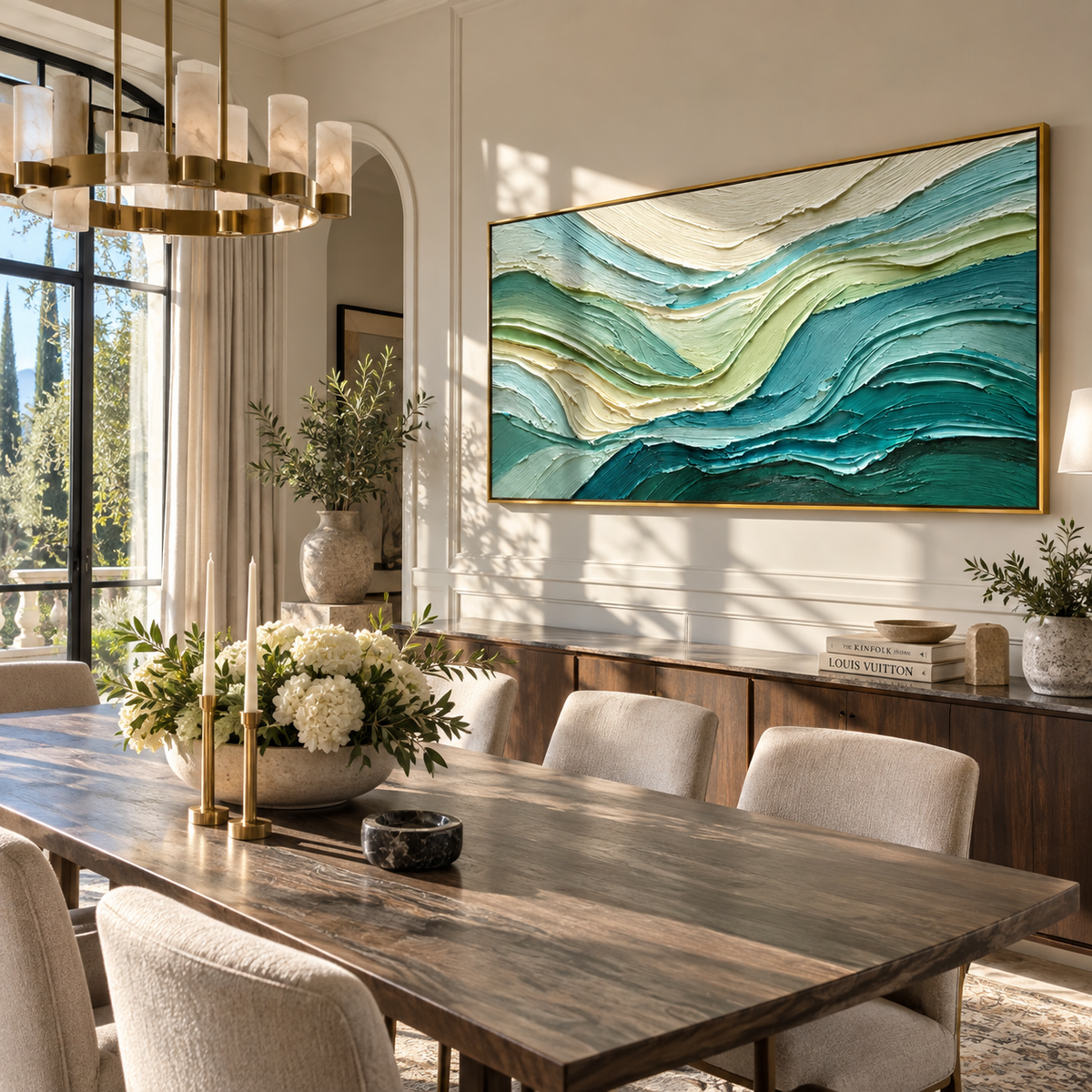 Teal Tides in Motion wide painting styled as a refined focal point