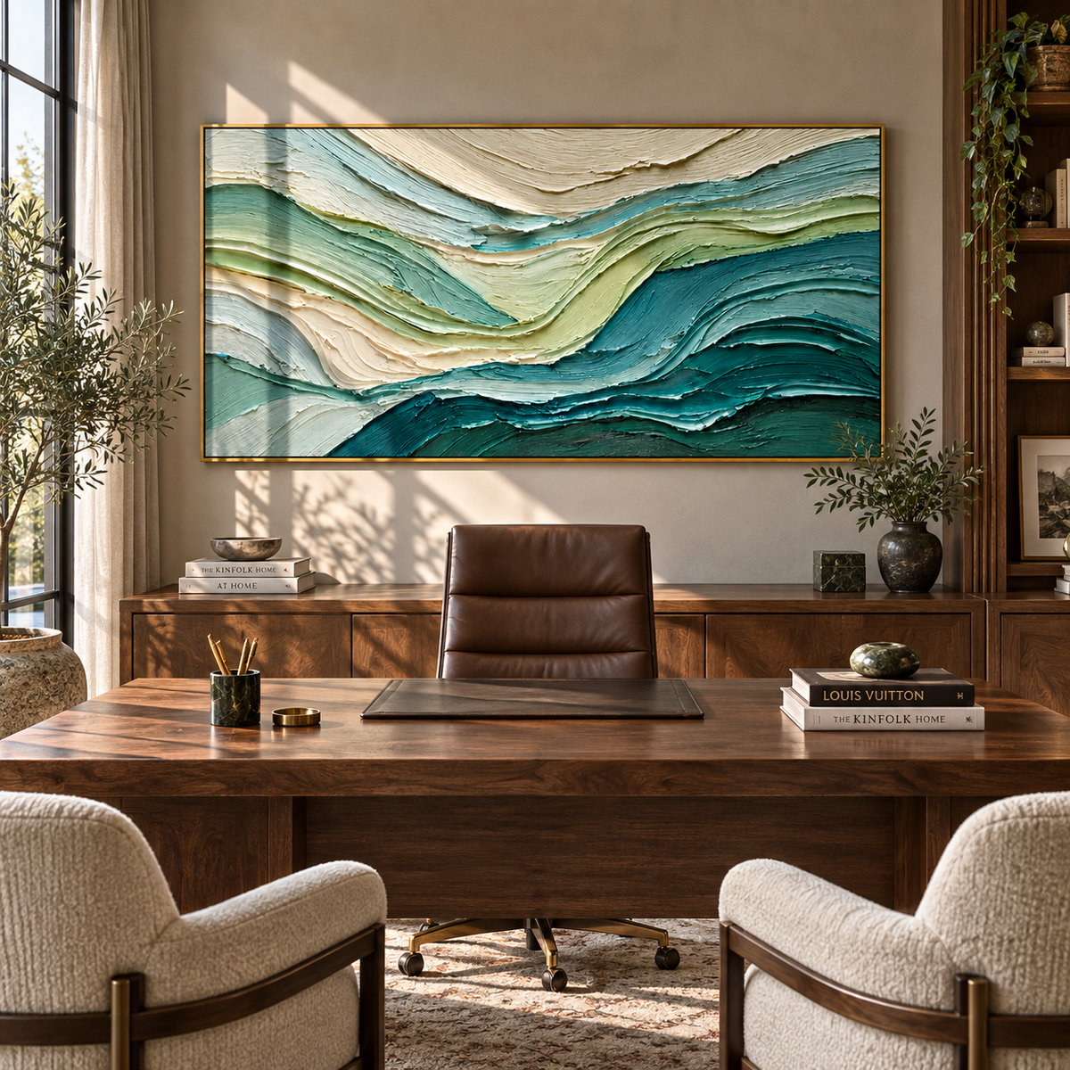 Teal Tides in Motion displayed with natural materials and modern decor
