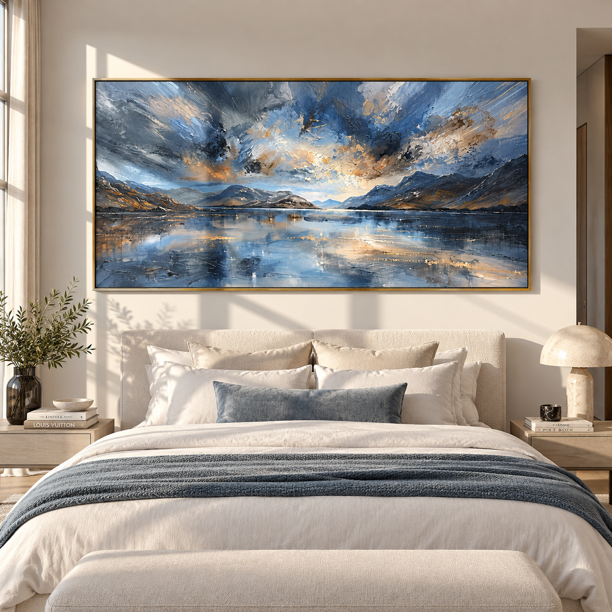 Storm Light Across Water blue mountain lake landscape painting displayed in a modern interior