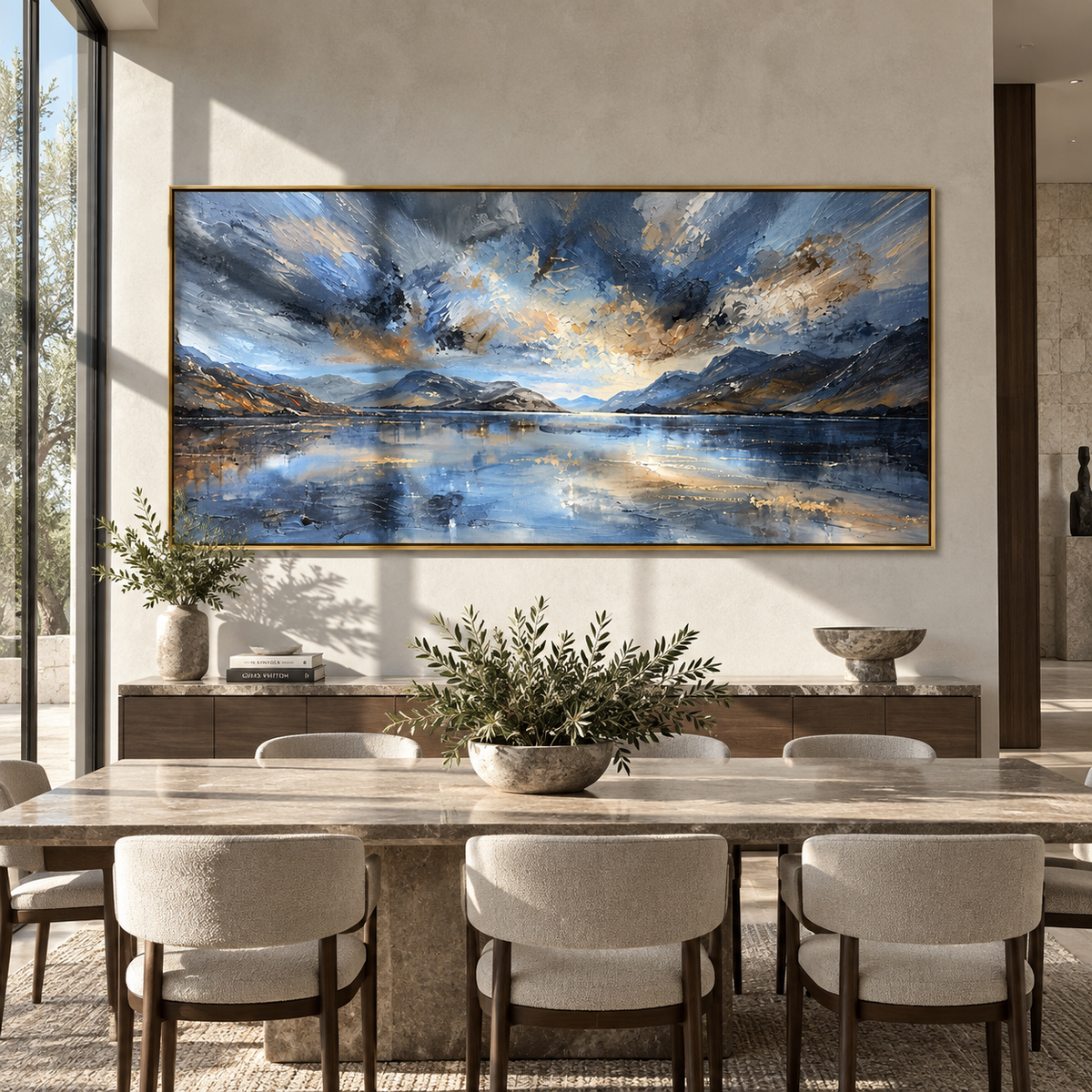 Storm Light Across Water textured wall art shown above contemporary furnishings
